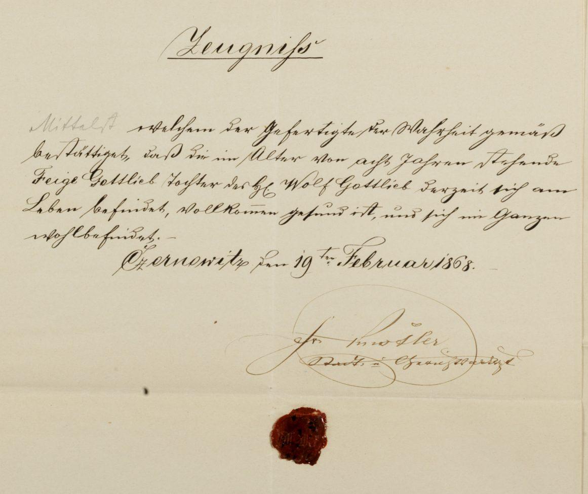 Feige Gottlieb's life policy (Czernowitz, January 31, 1862) with particulars of the Kurrentschrift certificate