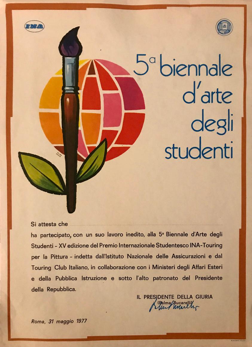 Attestato della V biennale d’arte degli studenti con la firma di Palma Bucarelli, presidente della giuria (1977)