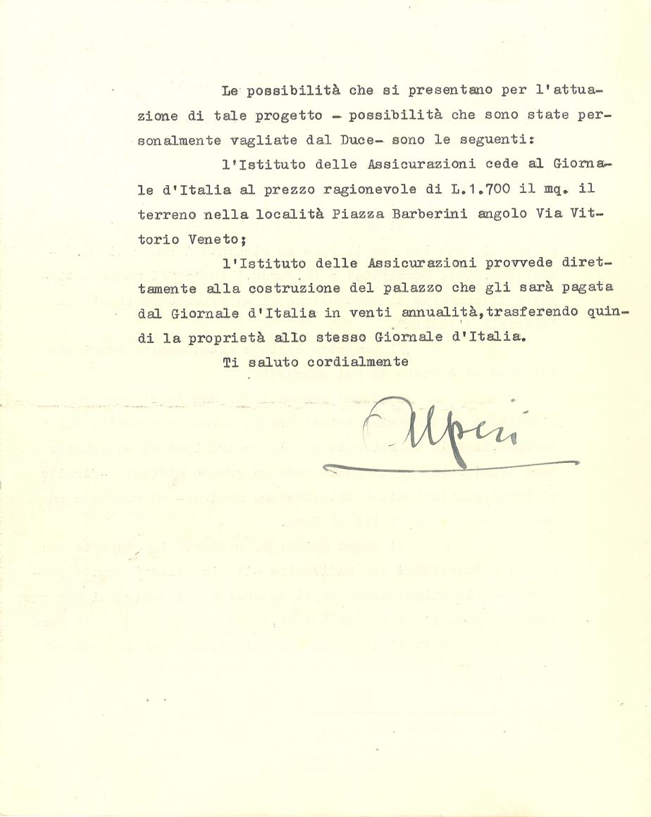 Lettera di Dino Alfieri a Giuseppe Bevione (Roma, 1936), verso