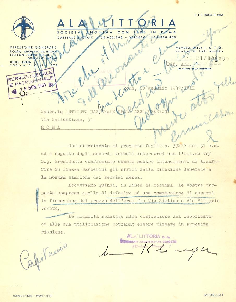 Lettera della direzione dell’Ala Littoria all’INA (Roma, 1939)