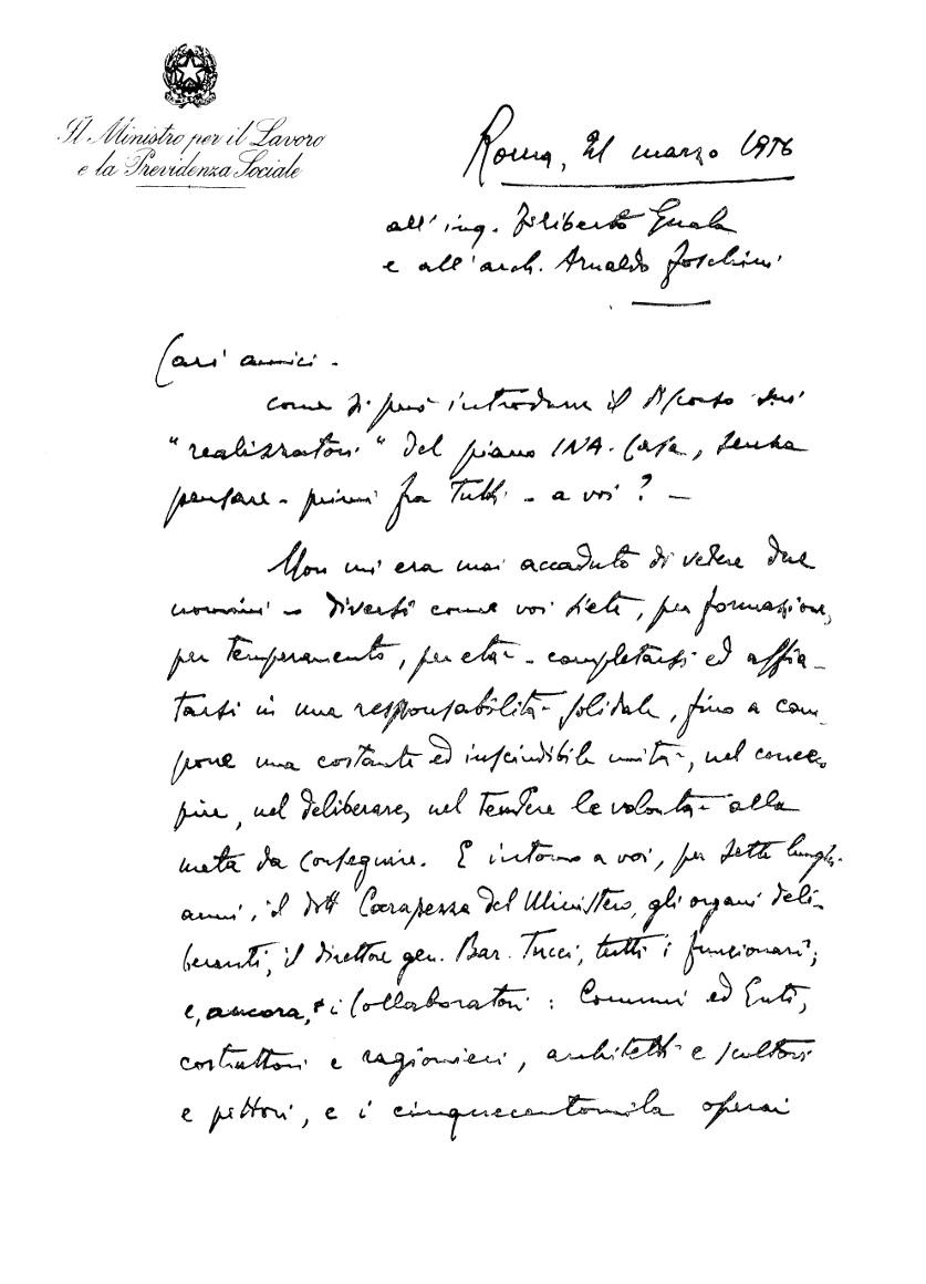 Lettera del ministro del Lavoro Ezio Vigorelli a INA, recto (Roma, 1956)