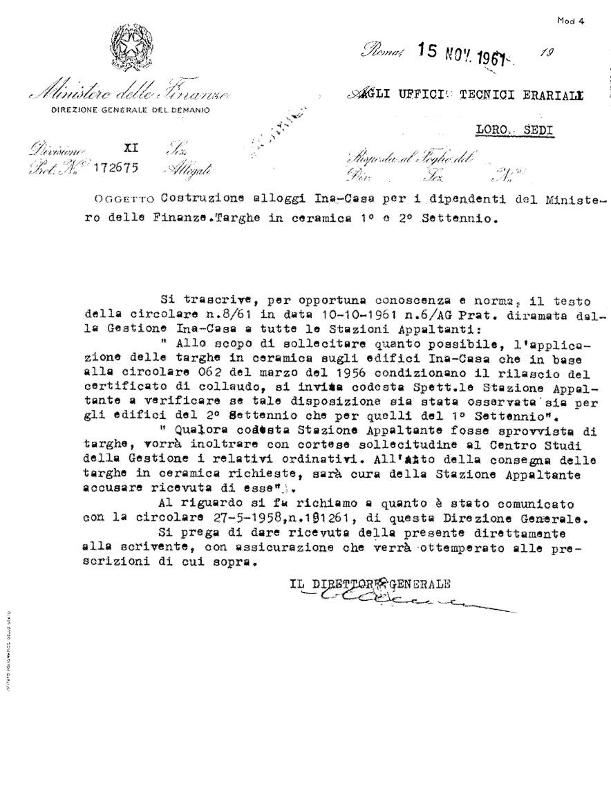 Lettera del ministro delle Finanze sulle targhe in ceramica Ina-Casa (Roma, 1961)