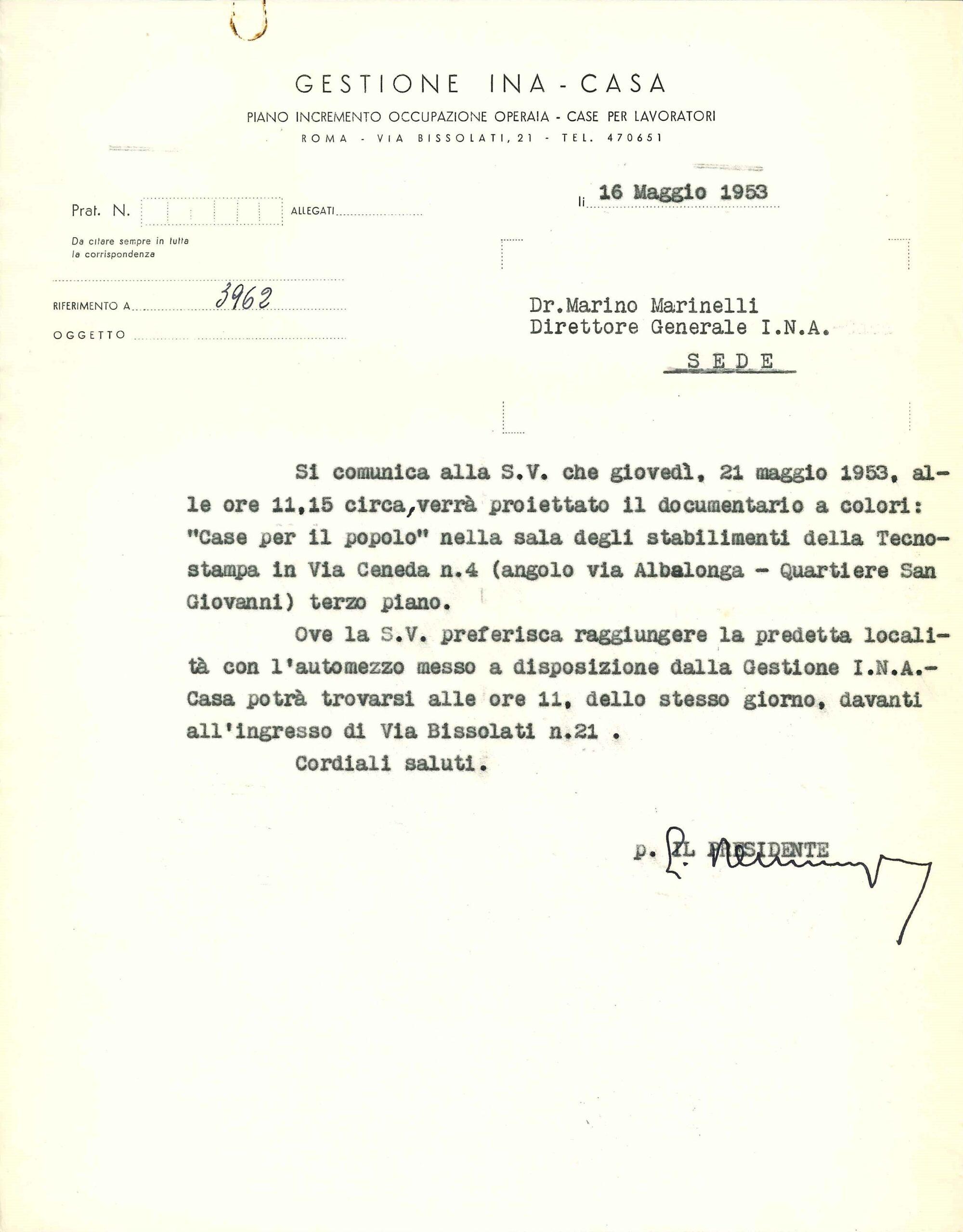 Invito alla proiezione del documentario «Case per il popolo» da parte della gestione INA-Casa al Direttore Generale dell'INA Marinelli (1953)