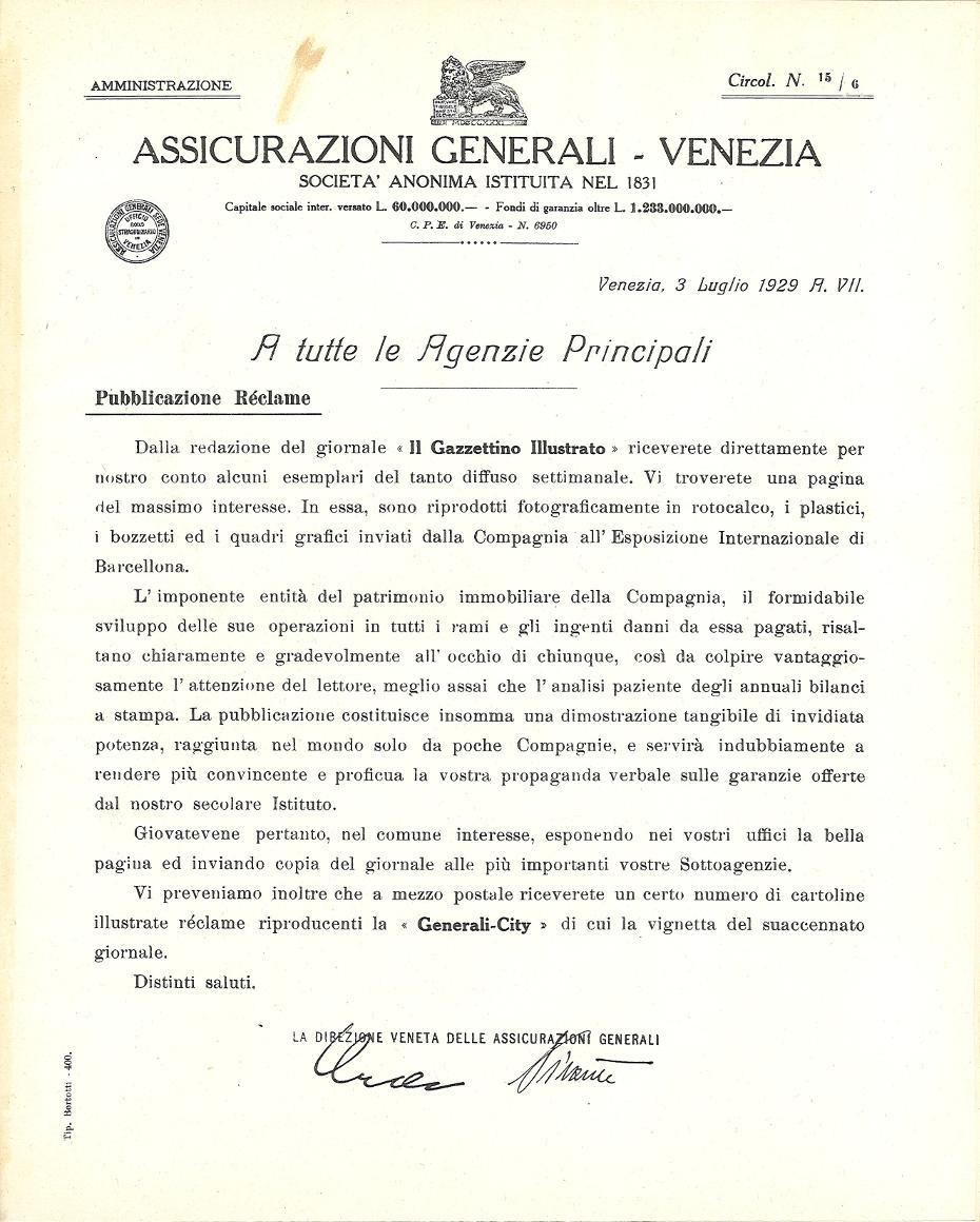 Circolare n. 15/6 della Direzione veneta (Venezia, 3 luglio 1929)