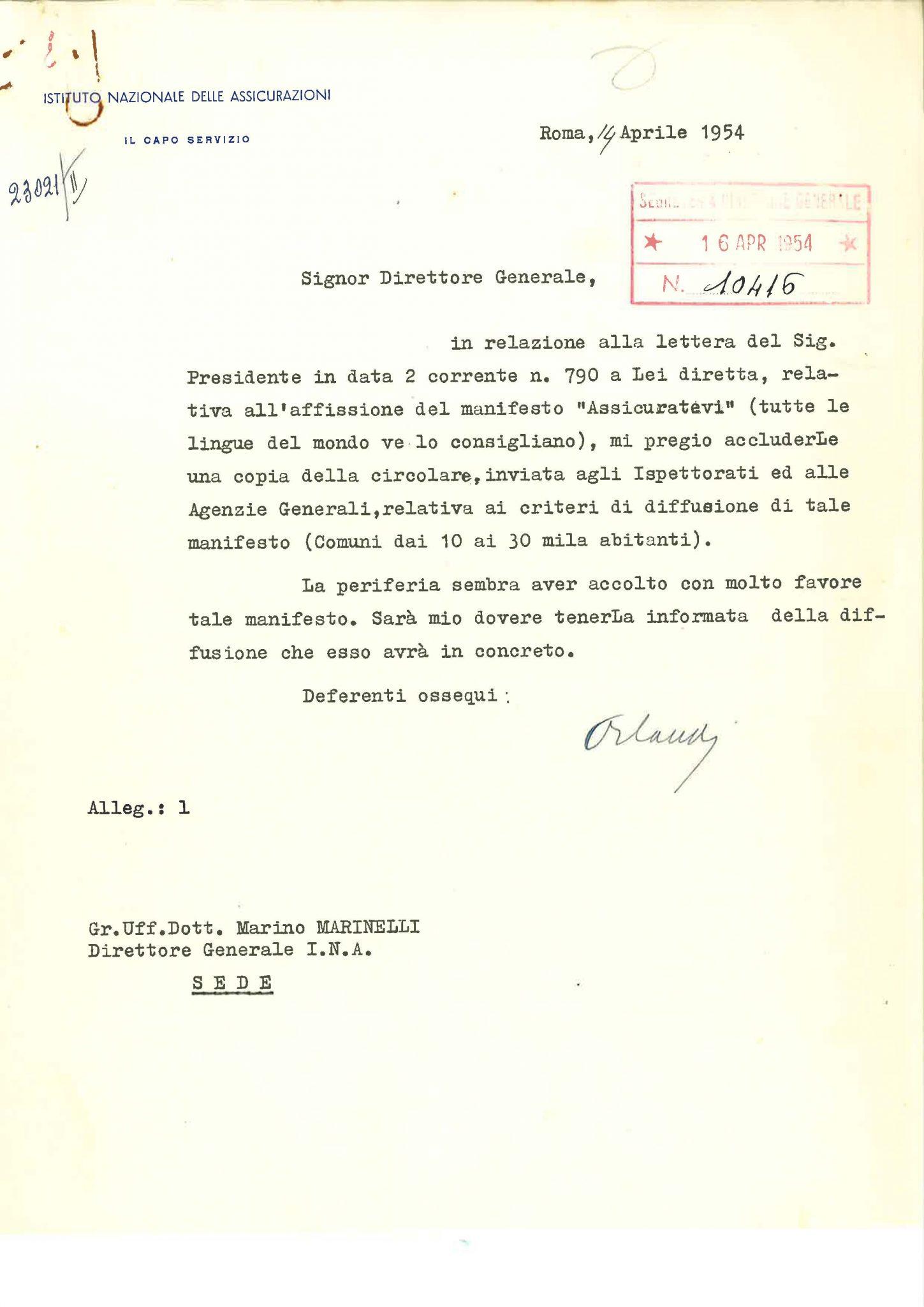 Corrispondenza del direttore generale dell’INA sulla diffusione del manifesto “Assicuratevi” (Roma, 6-14 aprile 1954)
