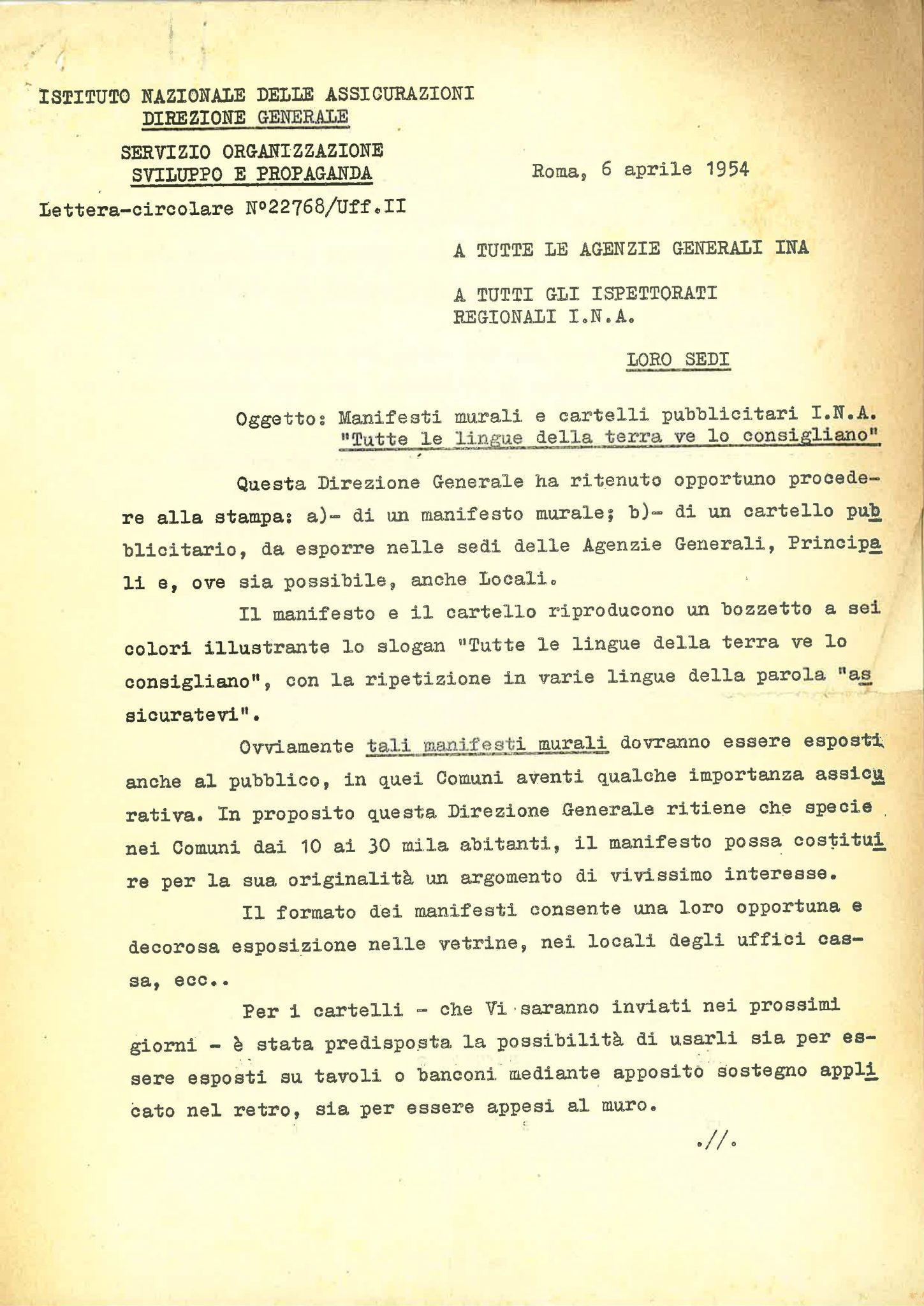 Corrispondenza del direttore generale dell’INA sulla diffusione del manifesto “Assicuratevi” (Roma, 6-14 aprile 1954)