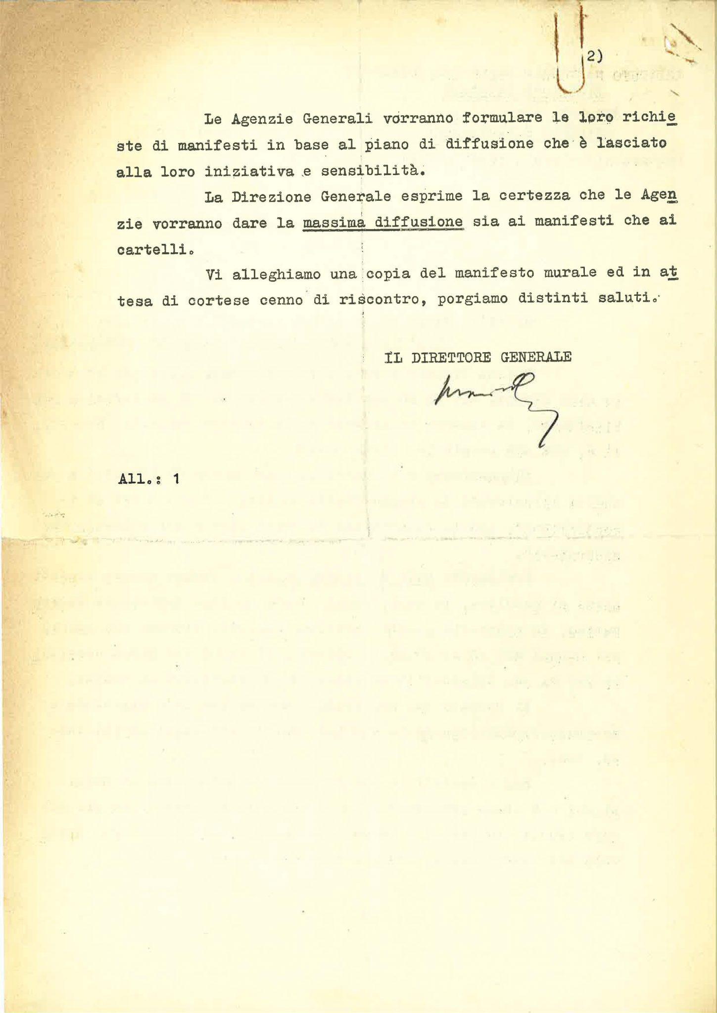 Corrispondenza del direttore generale dell’INA sulla diffusione del manifesto “Assicuratevi” (Roma, 6-14 aprile 1954)