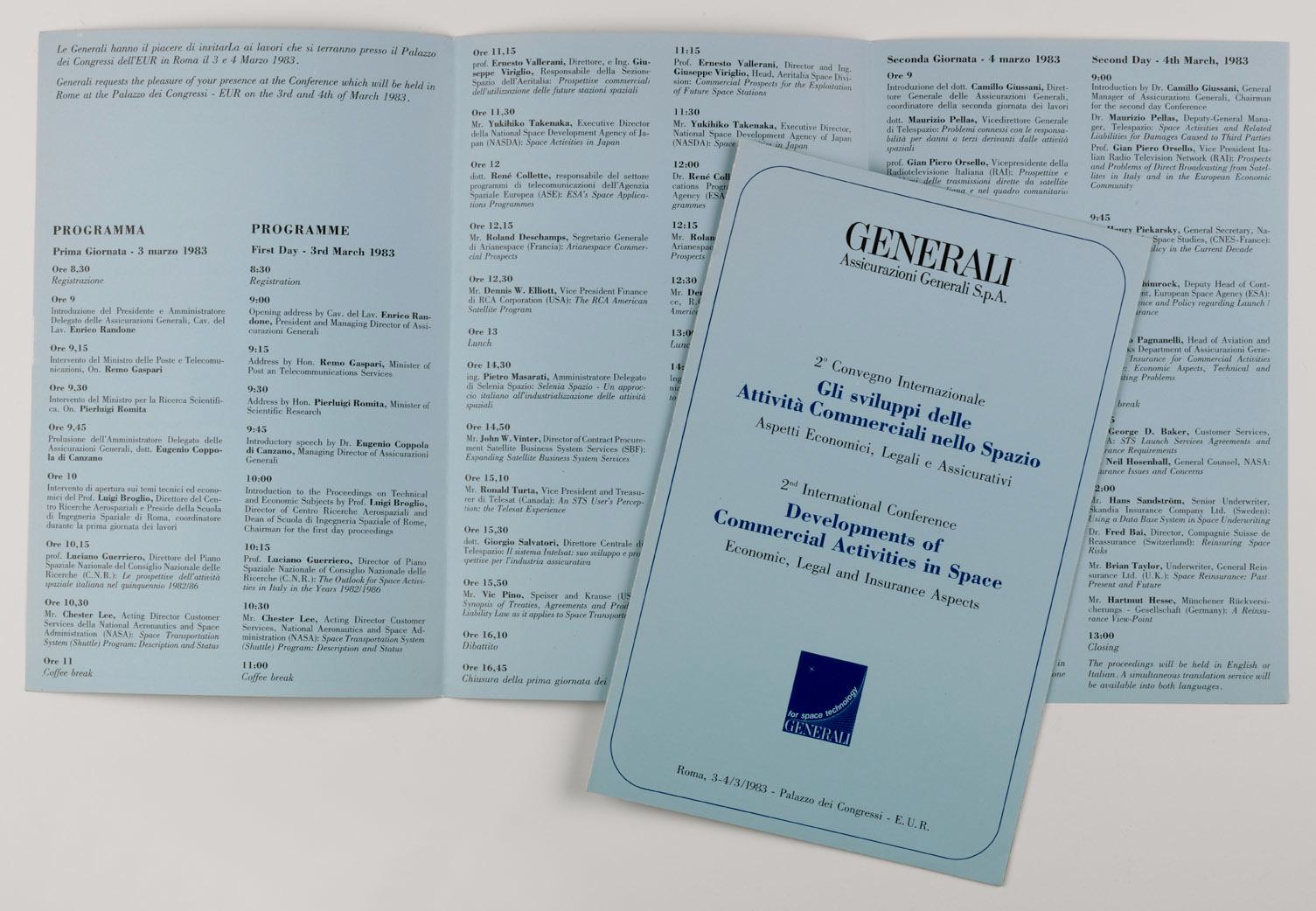 Programma del secondo convegno internazionale sul tema “Gli sviluppi delle attività commerciali nello spazio”, organizzata da Generali (Roma, 3-4 marzo 1983)