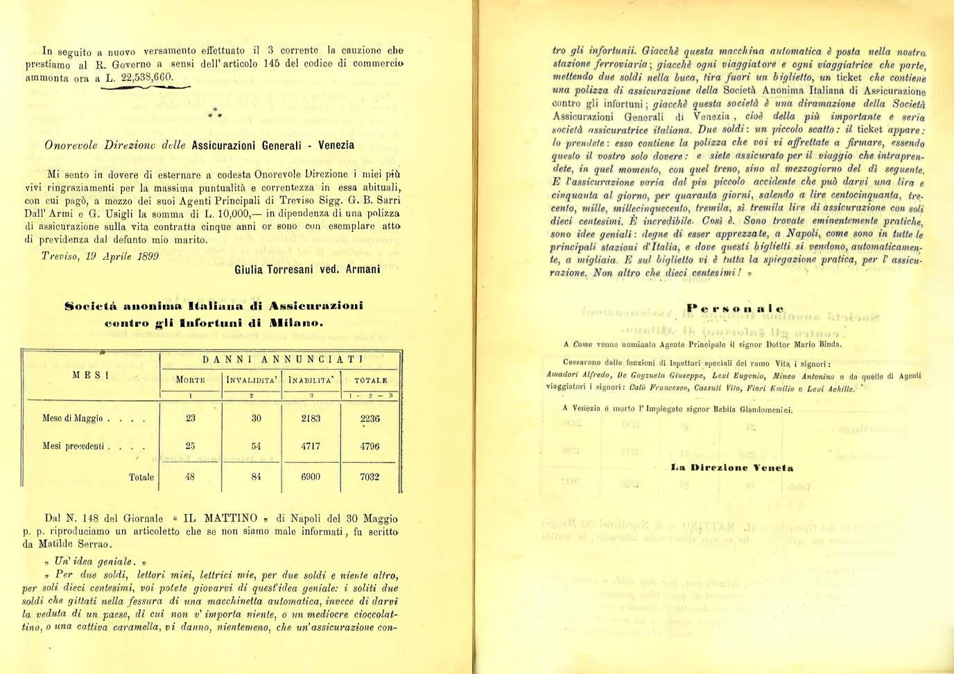 Articolo della scrittrice Maltide Serao sul distributore automatico di polizze, apparso su «Il Mattino» di Napoli il 30 maggio 1899 e ripubblicato sul bollettino aziendale n. 76 del giugno dello stesso anno