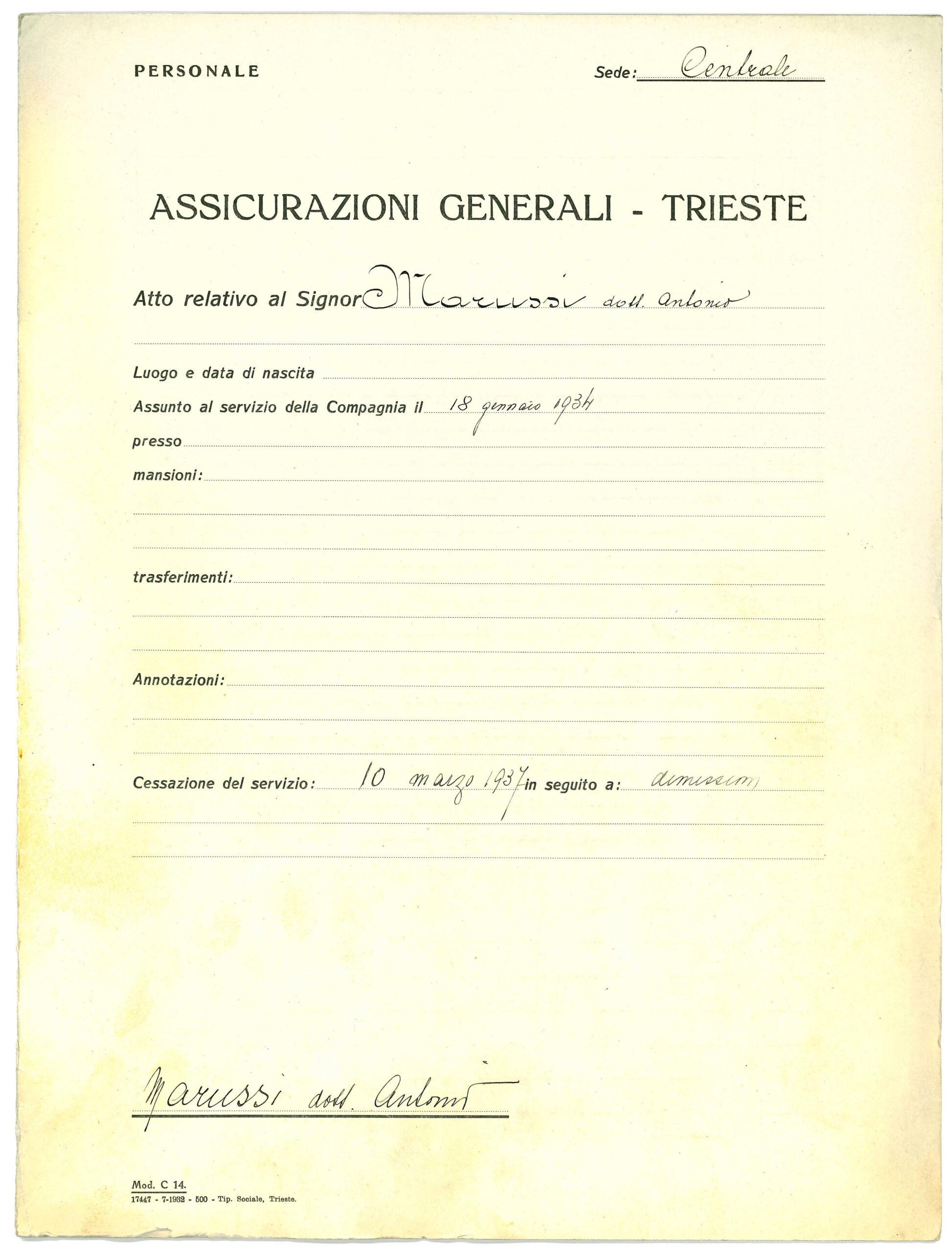 Fascicolo personale di Antonio Marussi, coperta, 1931-1939