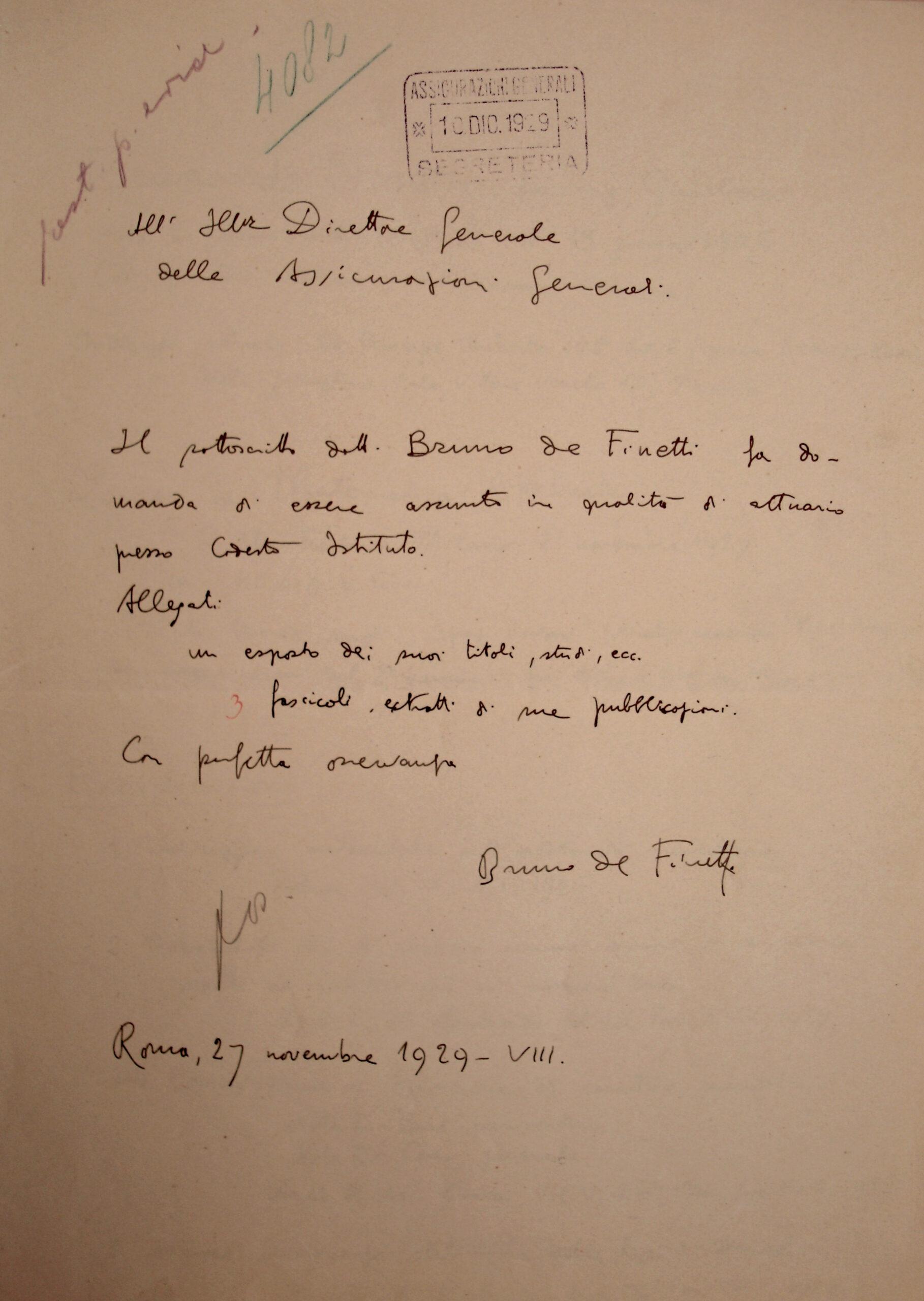 CV autografo di Bruno de Finetti (1929)