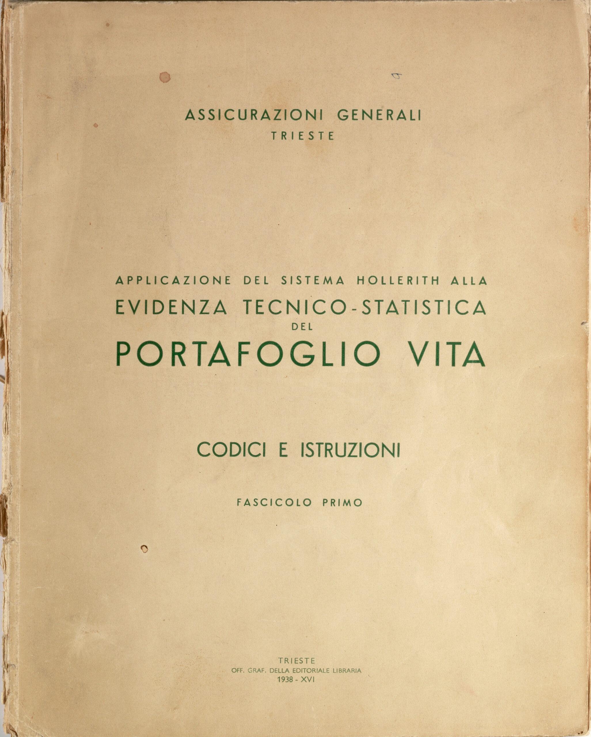 Fascicolo illustrativo dell’applicazione del sistema Hollerith redatto da Bruno de Finetti (Trieste, 1938), copertina