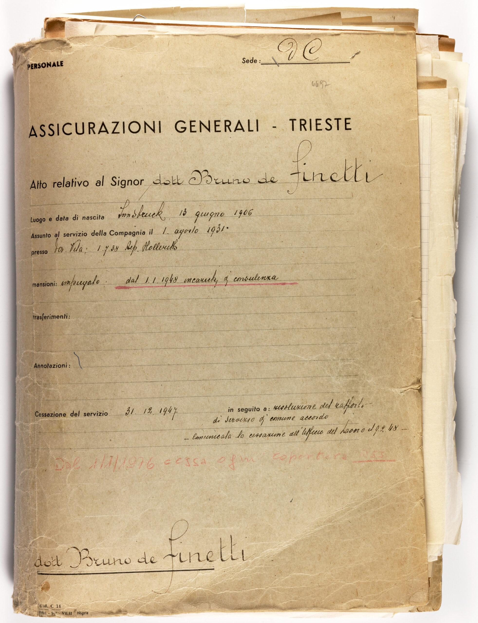 Fascicolo personale di Bruno de Finetti (1929–1979)