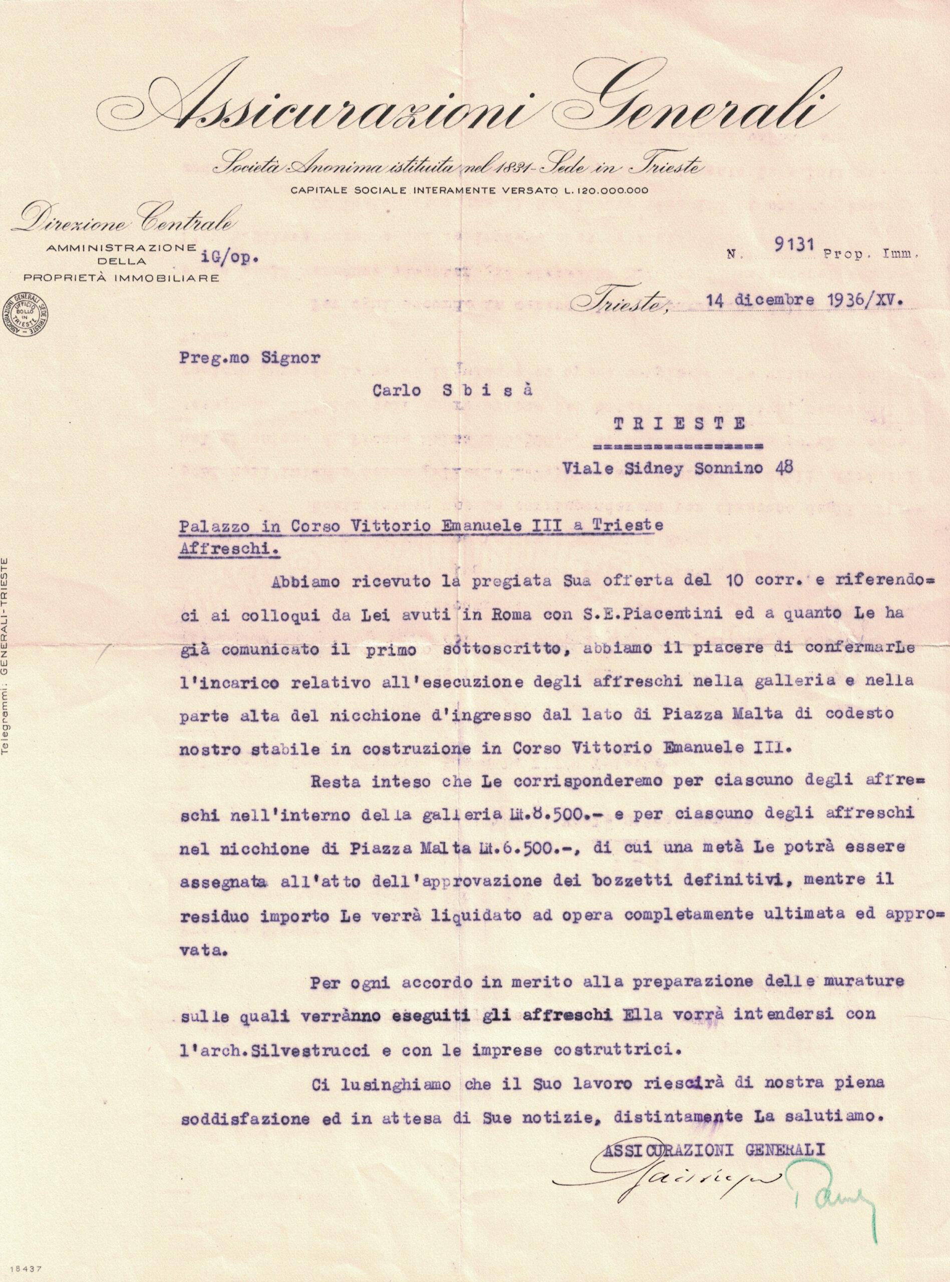 Lettera d'incarico di Assicurazioni Generali a Carlo Sbisà (1936) / Archivio Schott-Sbisà