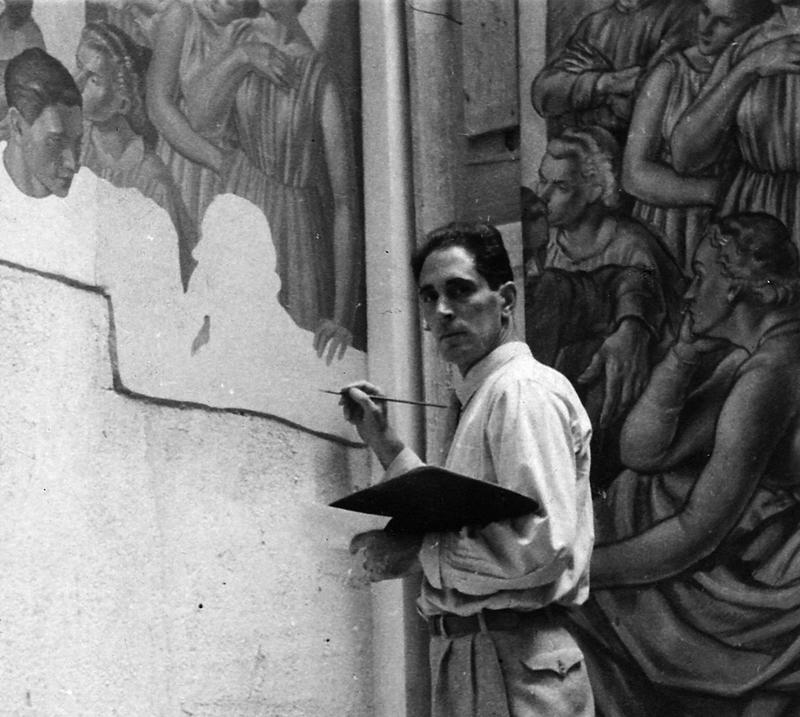 Carlo Sbisà durante l'esecuzione degli affreschi di galleria Protti a palazzo Piacentini (Trieste, 1937) / Archivio Schott-Sbisà e Massimo De Grassi