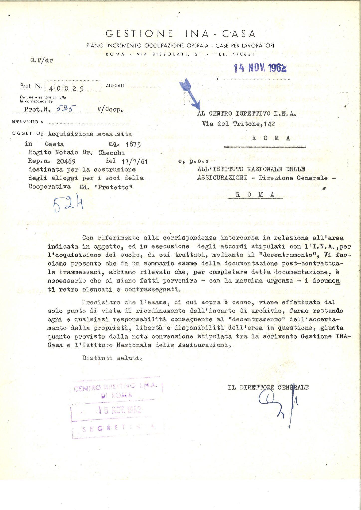 Lettera della Gestione INA-Casa (1962)