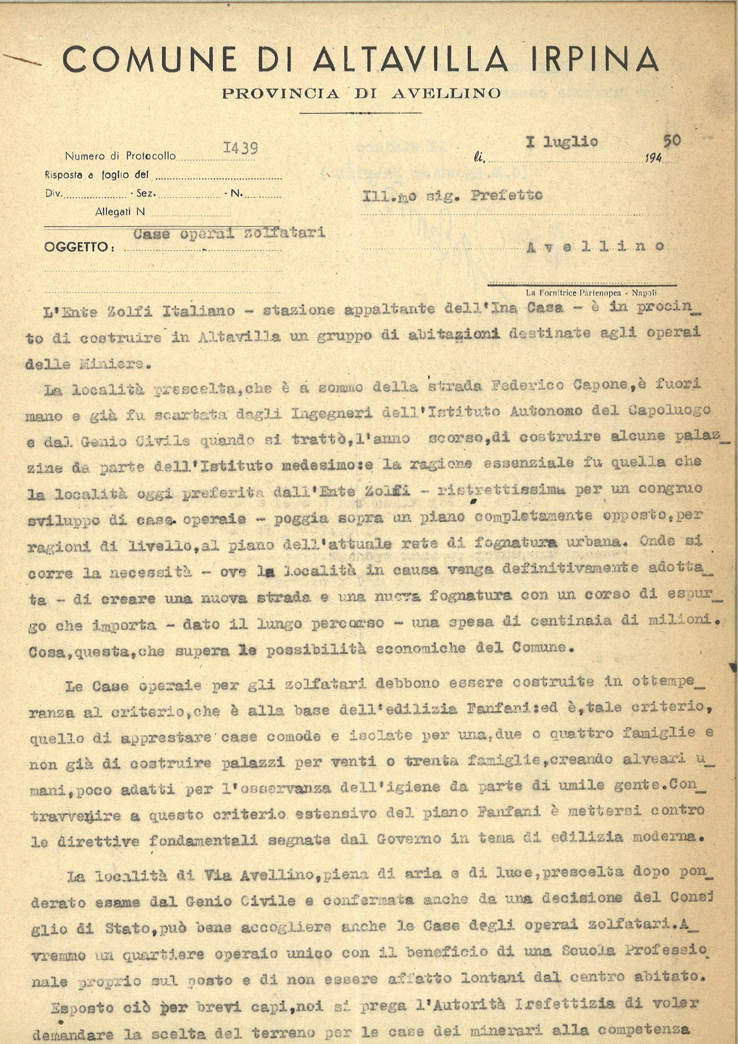 Lettera del Comune di Altavilla Irpina con oggetto 'Case operai zolfatari' - Recto (1950)