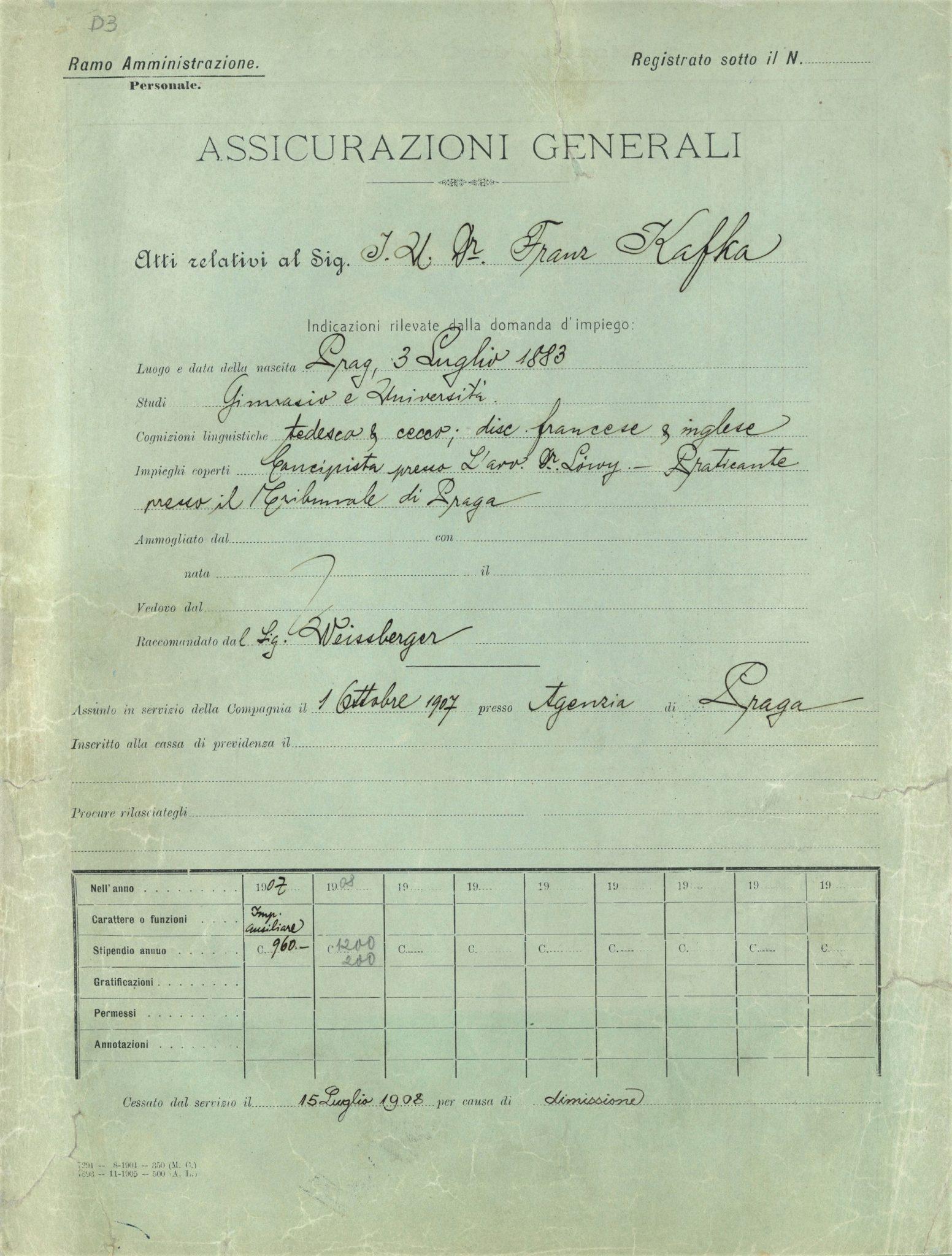 Cover of the personnel file of Franz Kafka (1908)