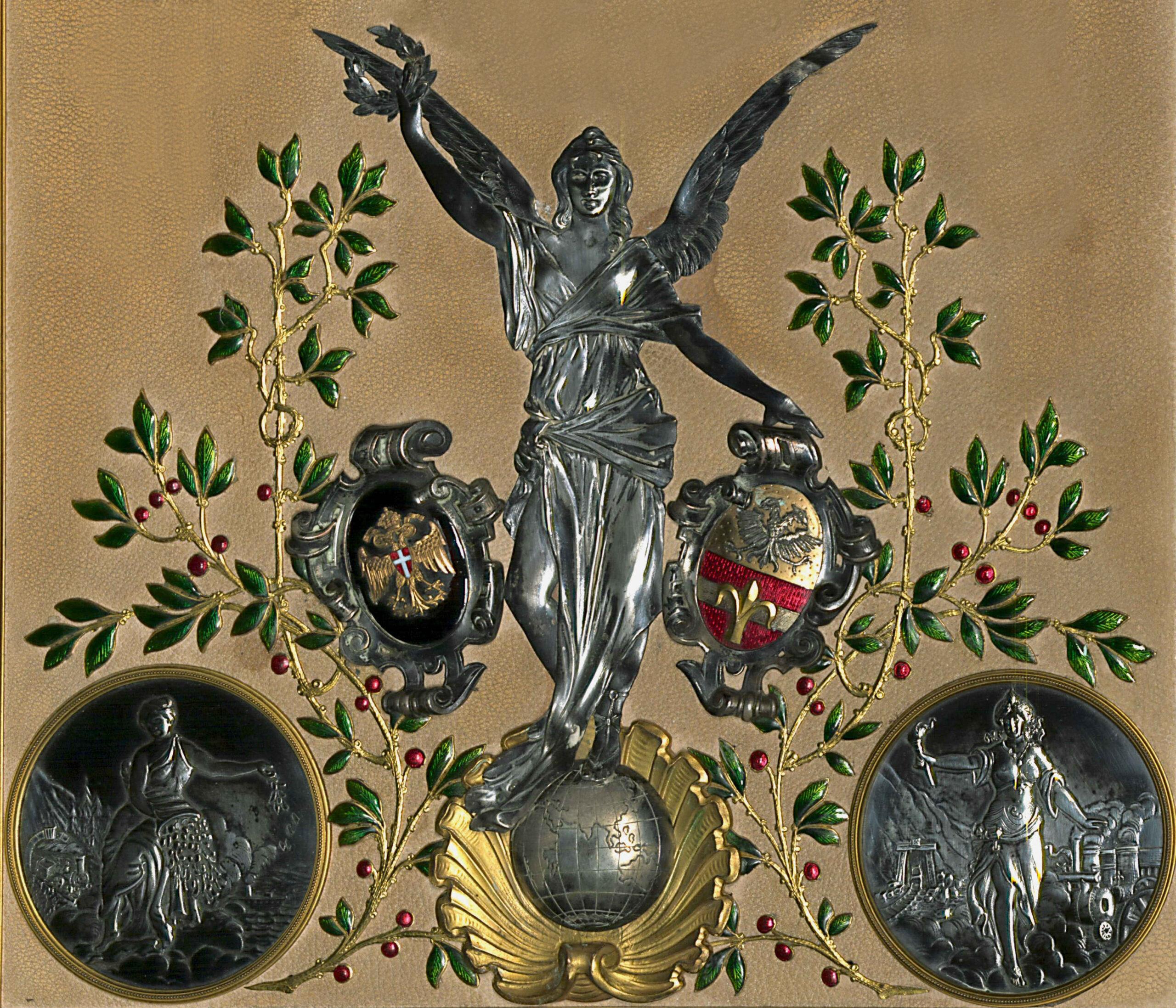 Giubilare per Ermanno Gentilli - 25° di sevizio, inviato dalla compagnia Erste Allgemeine, particolare della coperta (Vienna, 1902)