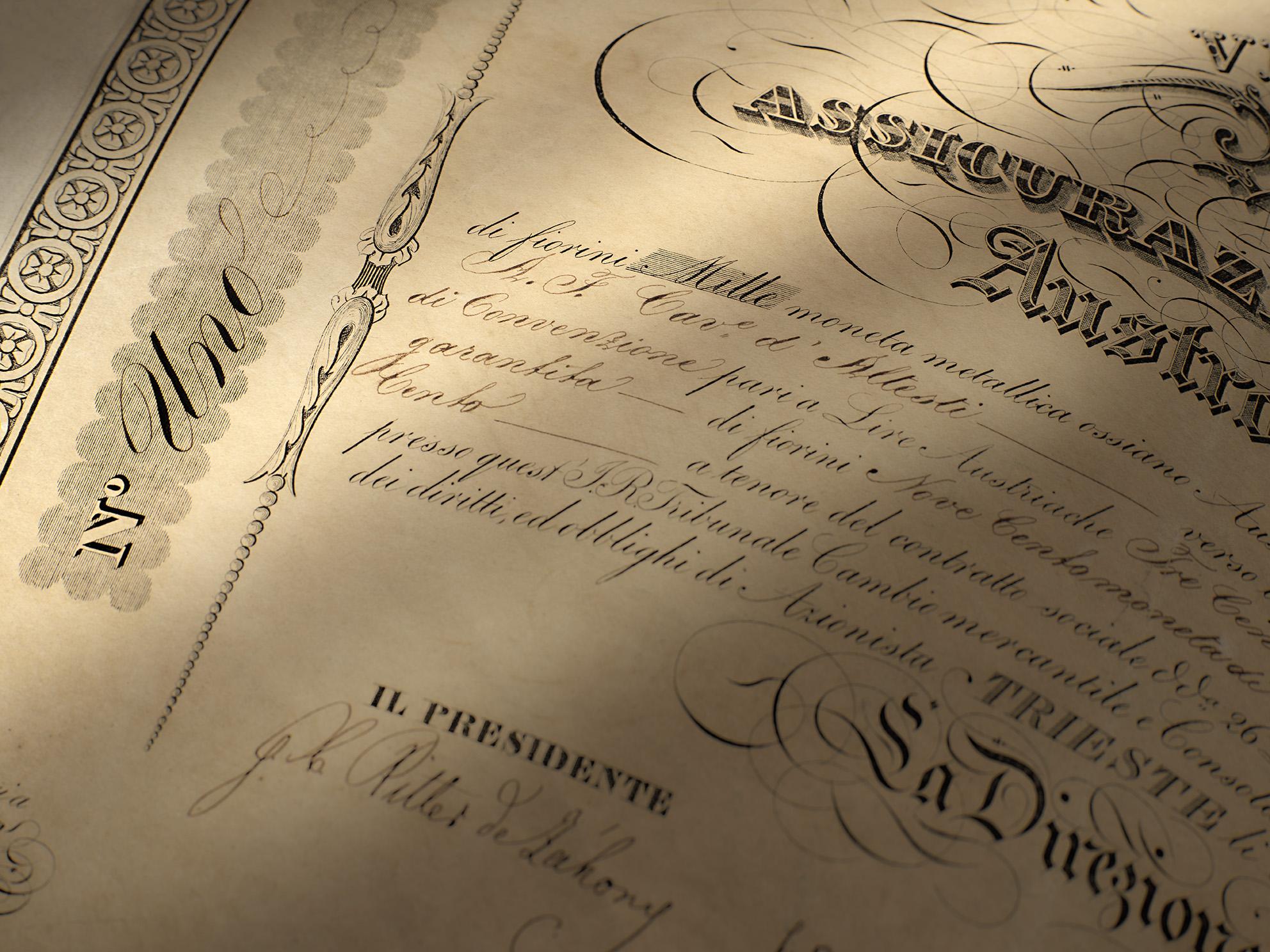 Share Certificate no. 1 of Assicurazioni Generali Austro-Italiche (Trieste, June 30, 1832) / ph. Massimo Gardone