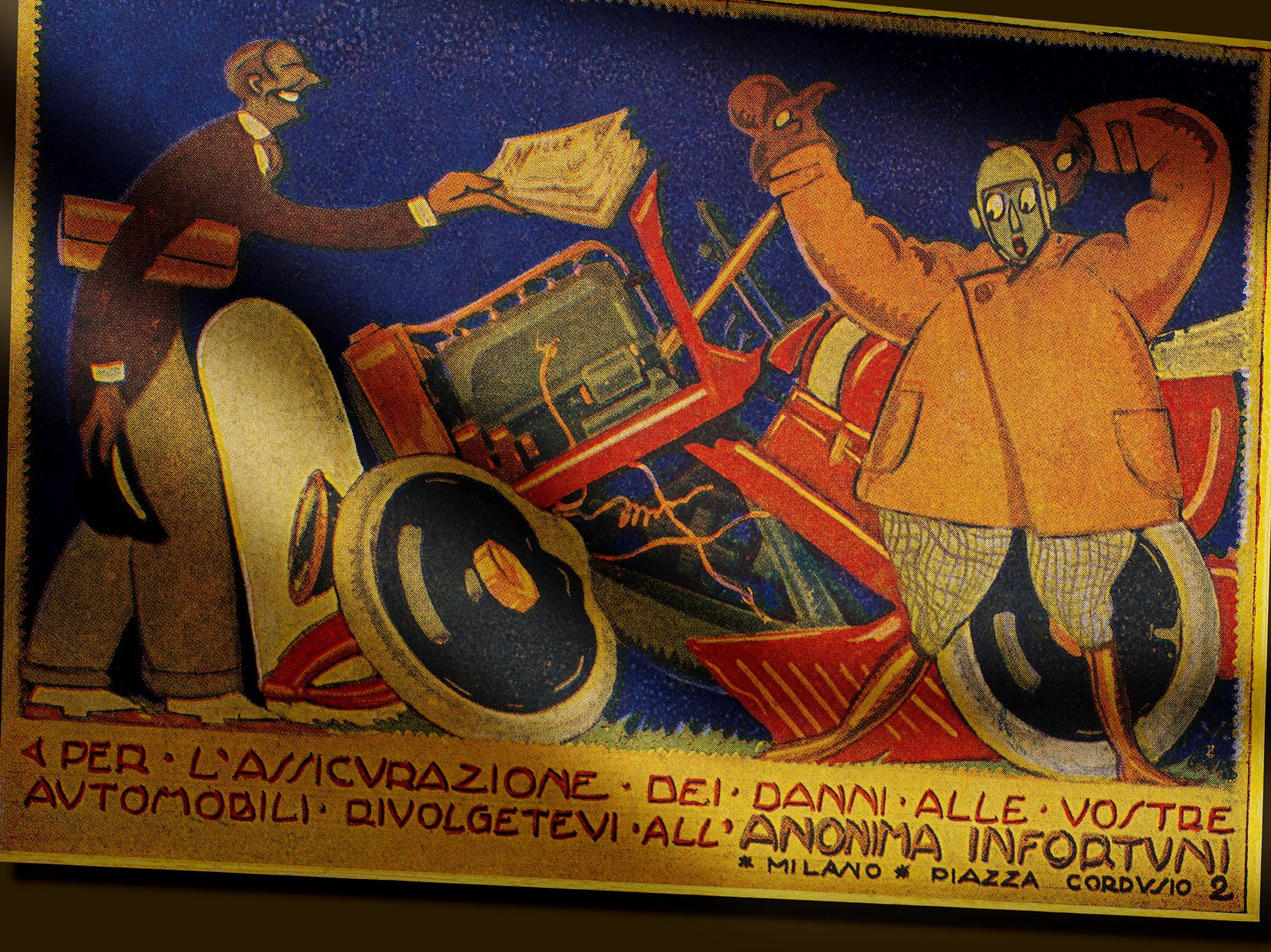 Car insurance advertising postcard of Anonima Infortuni (1923) / ph. Massimo Gardone