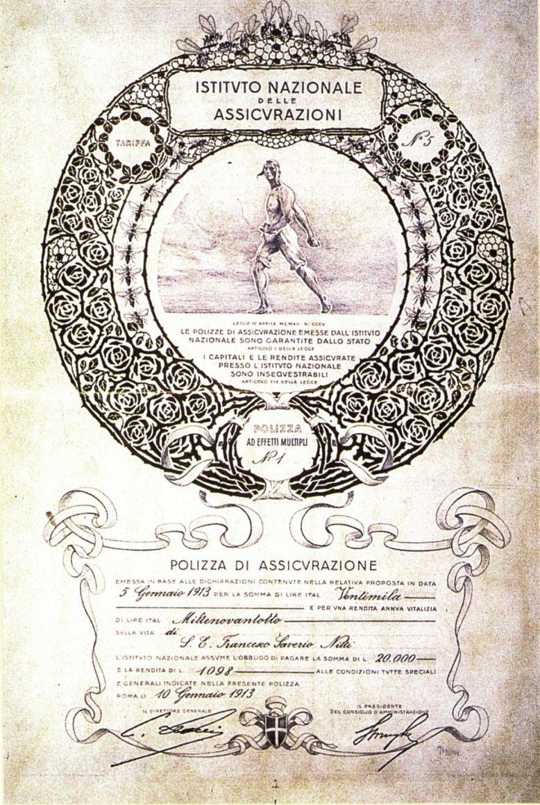 La prima polizza emessa dall’INA il 10 gennaio 1913 e stipulata da Francesco Saverio Nitti