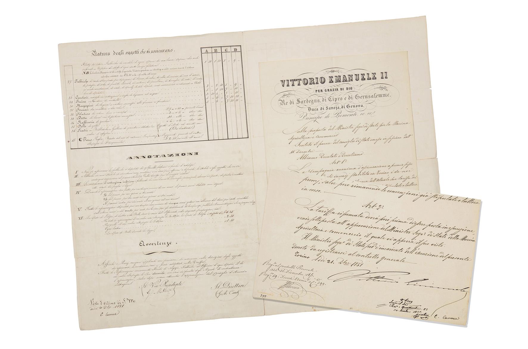 Autorizzazione di Vittorio Emanuele° II al cambio delle tariffe per il calcolo dei premi di assicurazione. (1851)