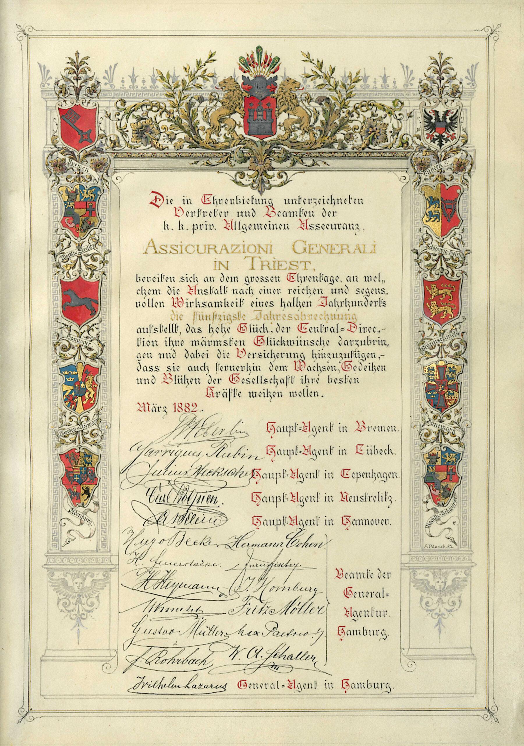 Giubilare per il 50° della fondazione di Assicurazioni Generali, inviato dalla Germania, pagina interna (1882)