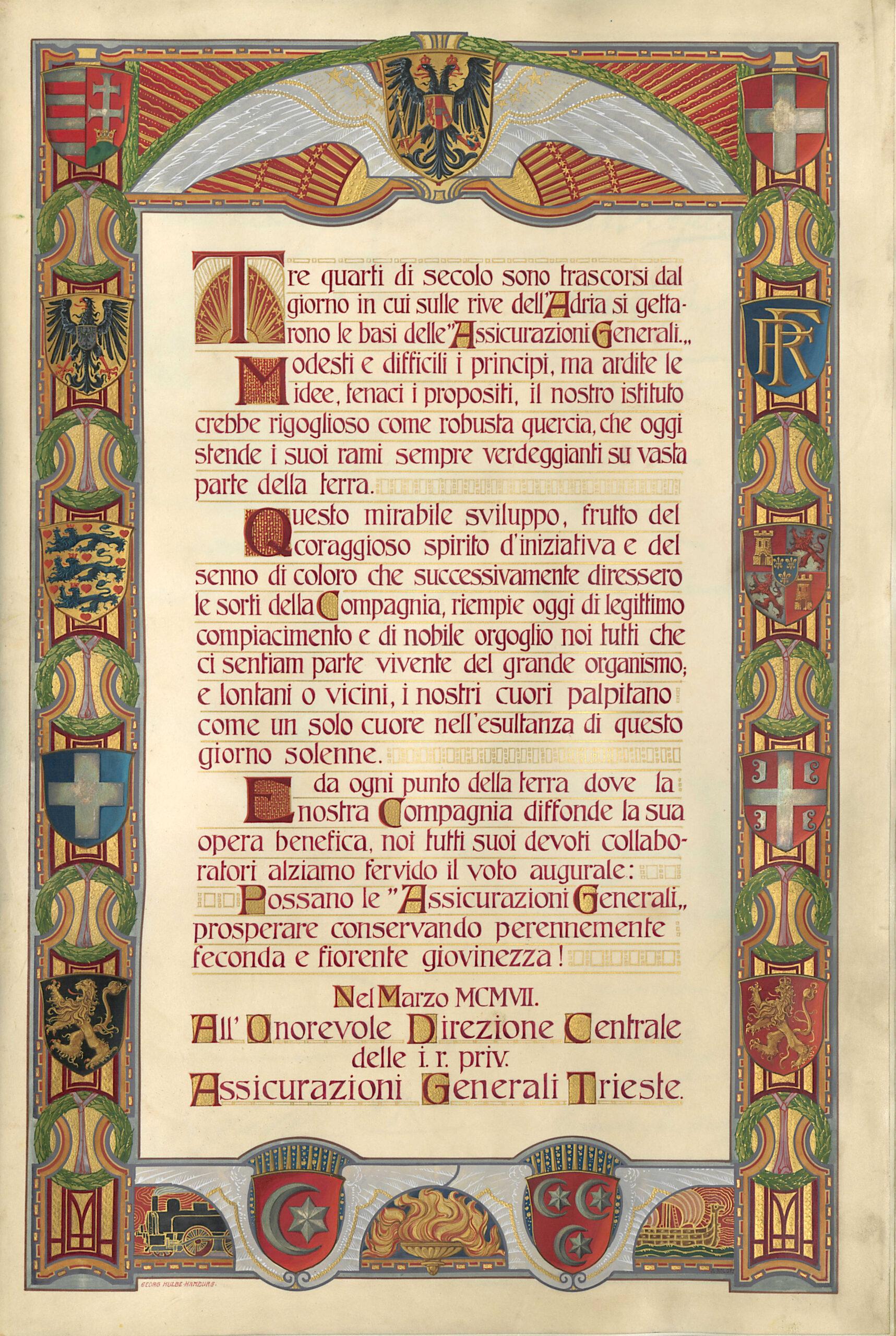 Giubilare per il 75° della fondazione di Assicurazioni Generali, inviato dalle agenzie estere, pagina interna (1907)