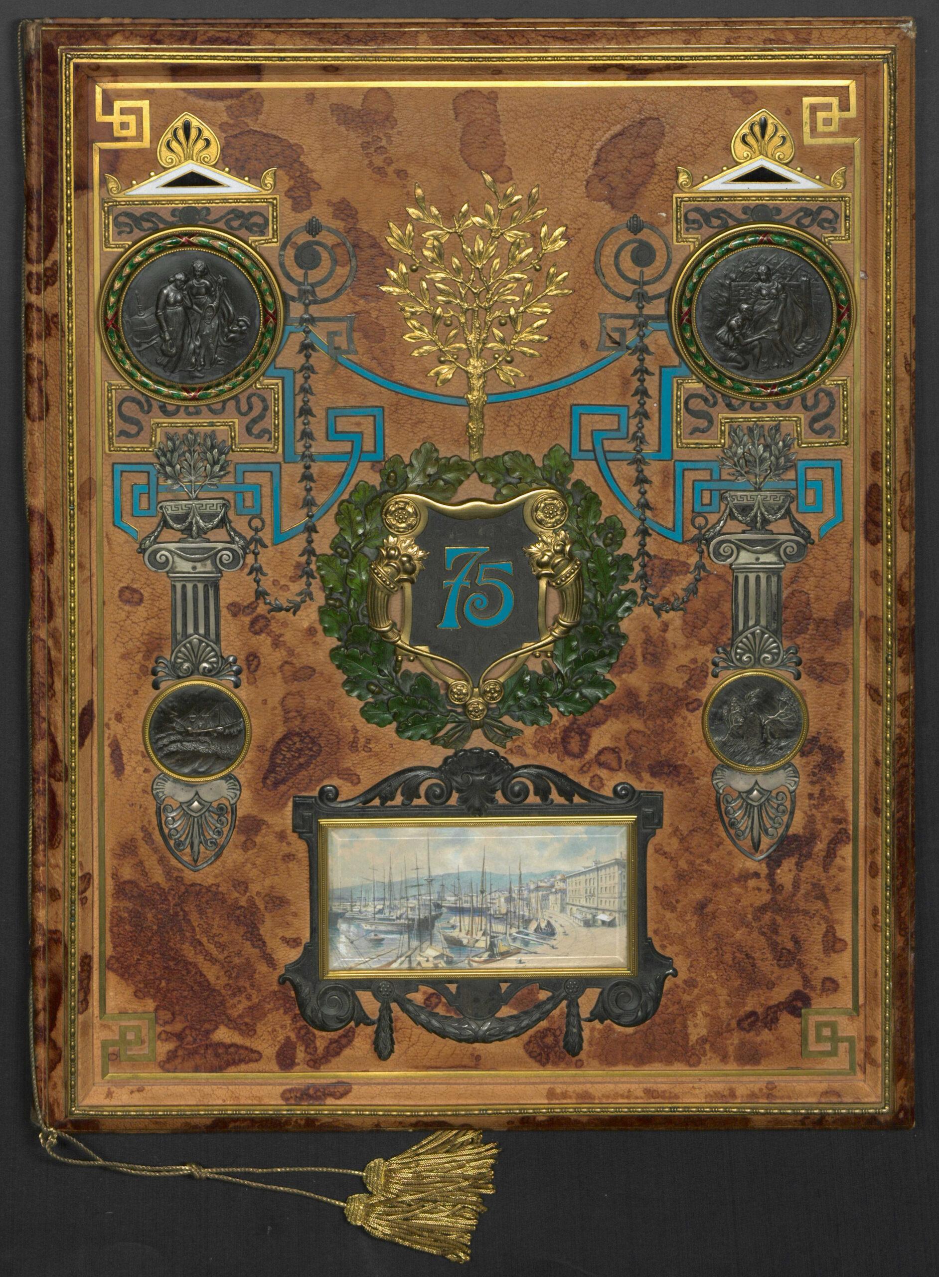 Giubilare per il 75° della fondazione di Assicurazioni Generali, inviato dalle compagnie del Gruppo, coperta (1907)