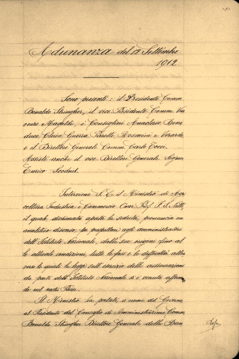 Verbale del primo Consiglio d'amministrazione INA (Roma, 1912)