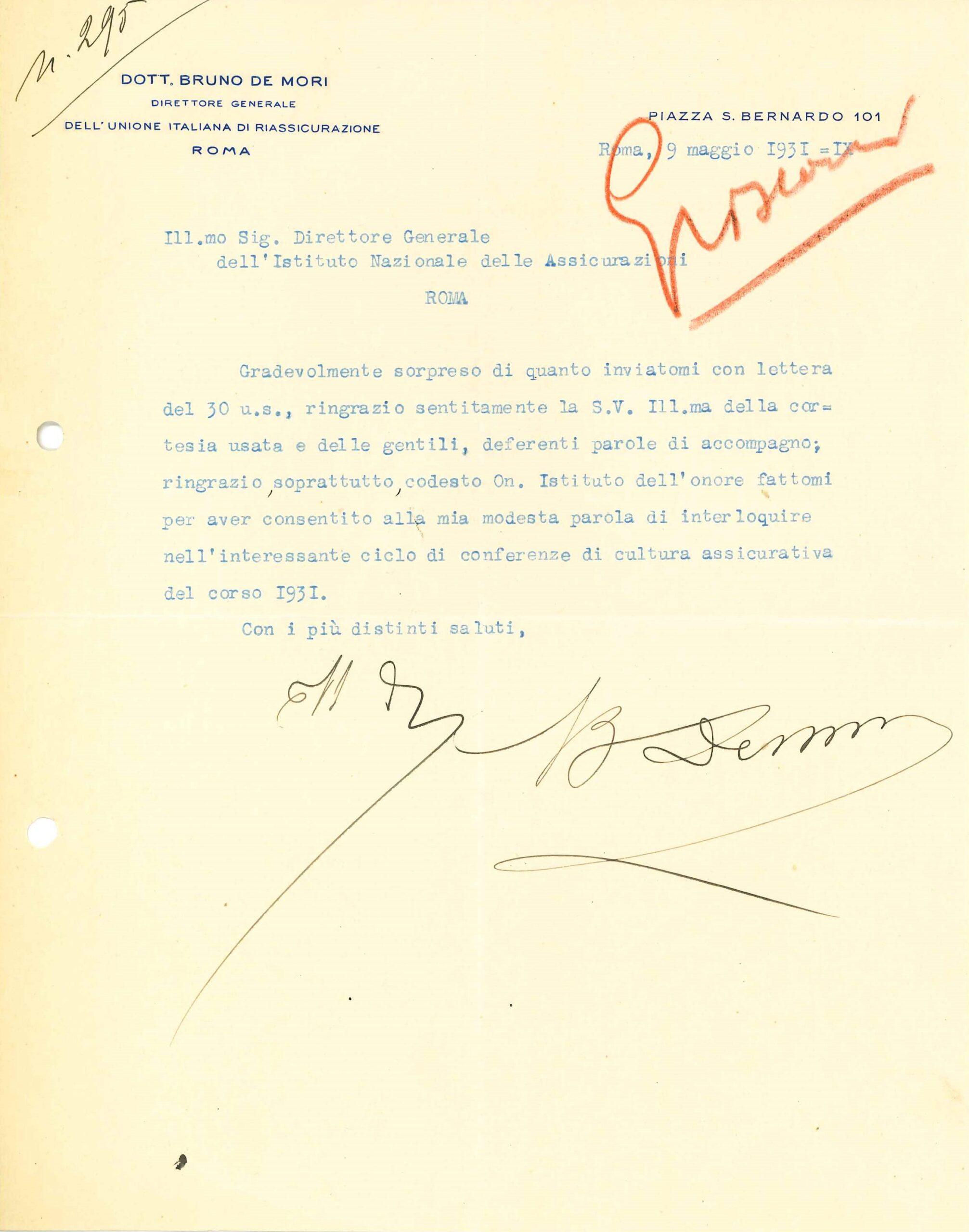 Lettera di Bruno De Mori ad Ignazio Giordani (1931)