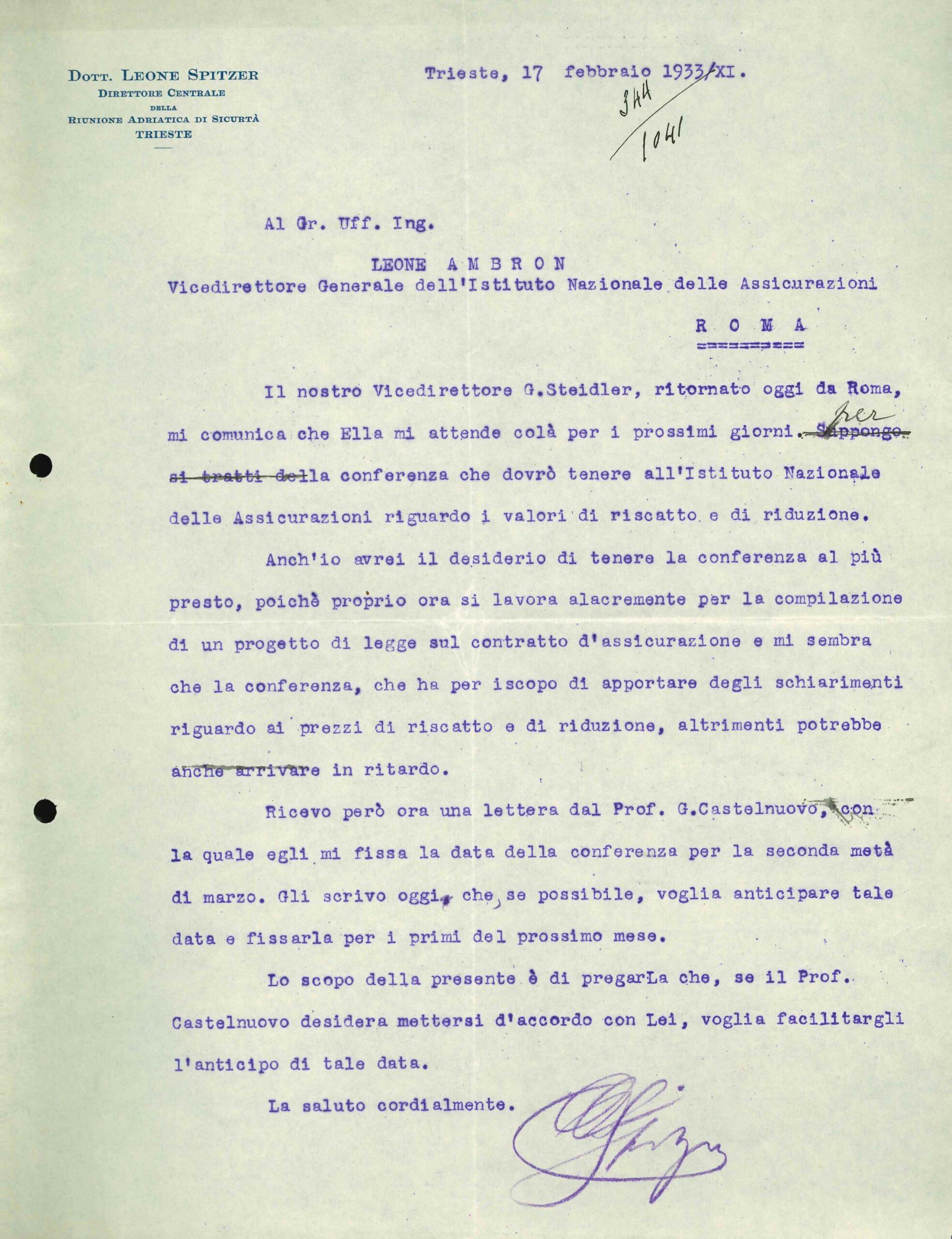 Lettera di Leone Spitzer a Leone Ambron (1933)