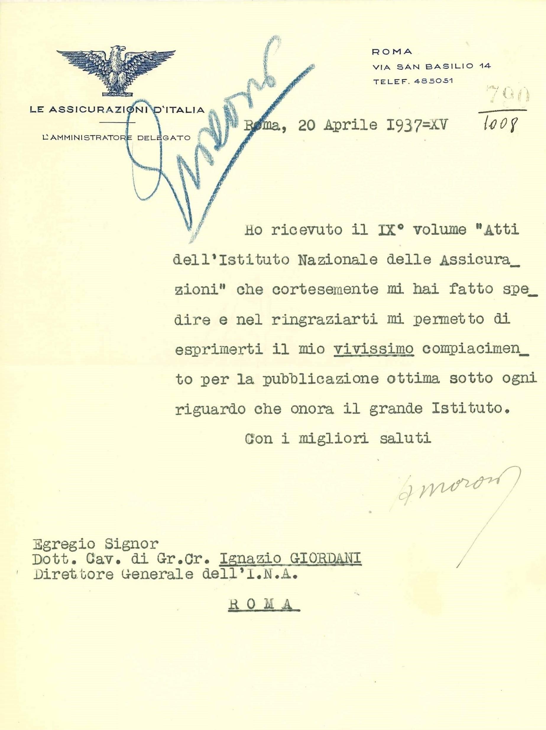 Lettera di Luigi Amoroso ad Ignazio Giordani (1937)