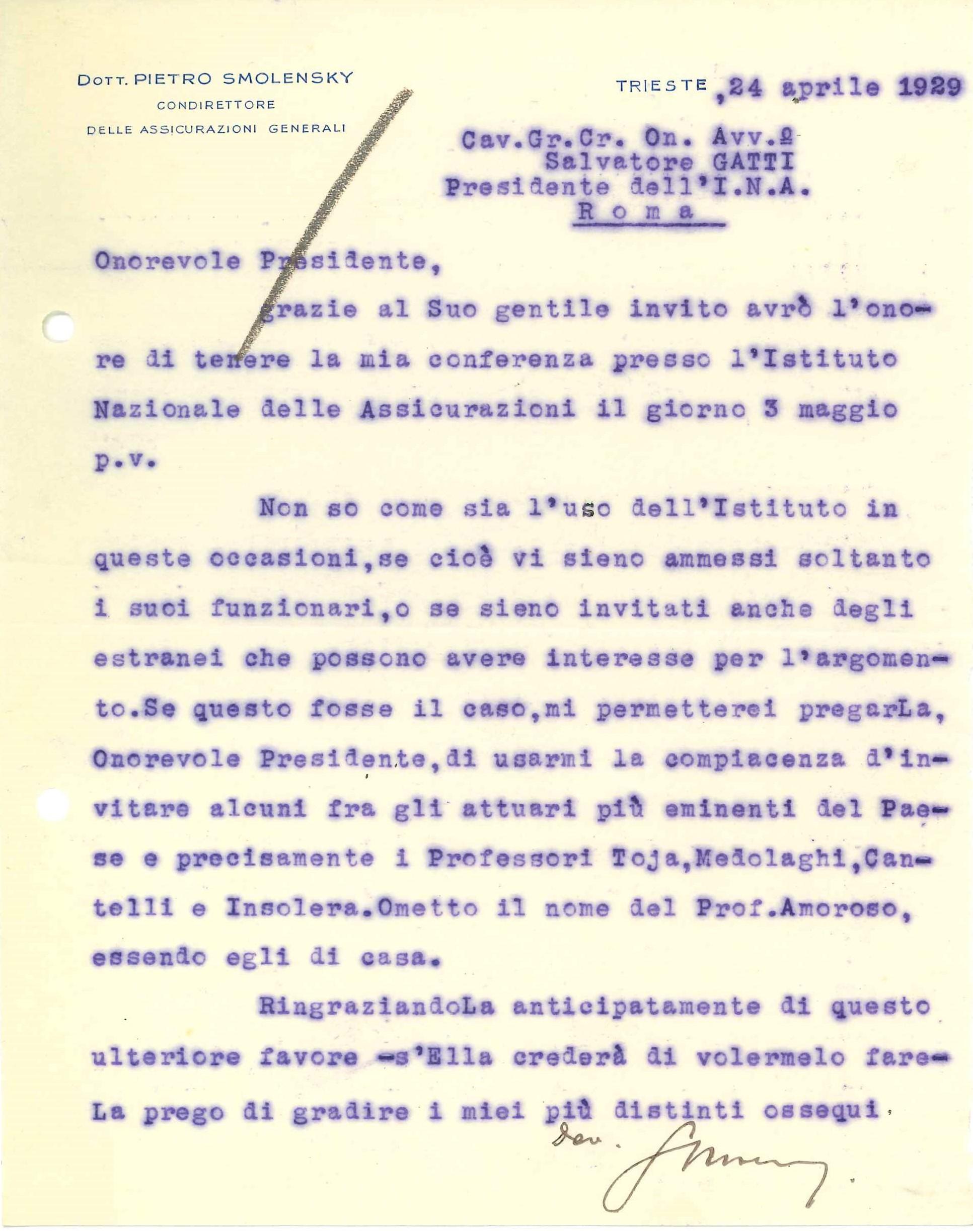 Lettera di Pietro Smolensky a Salvatore Gatti (1929)