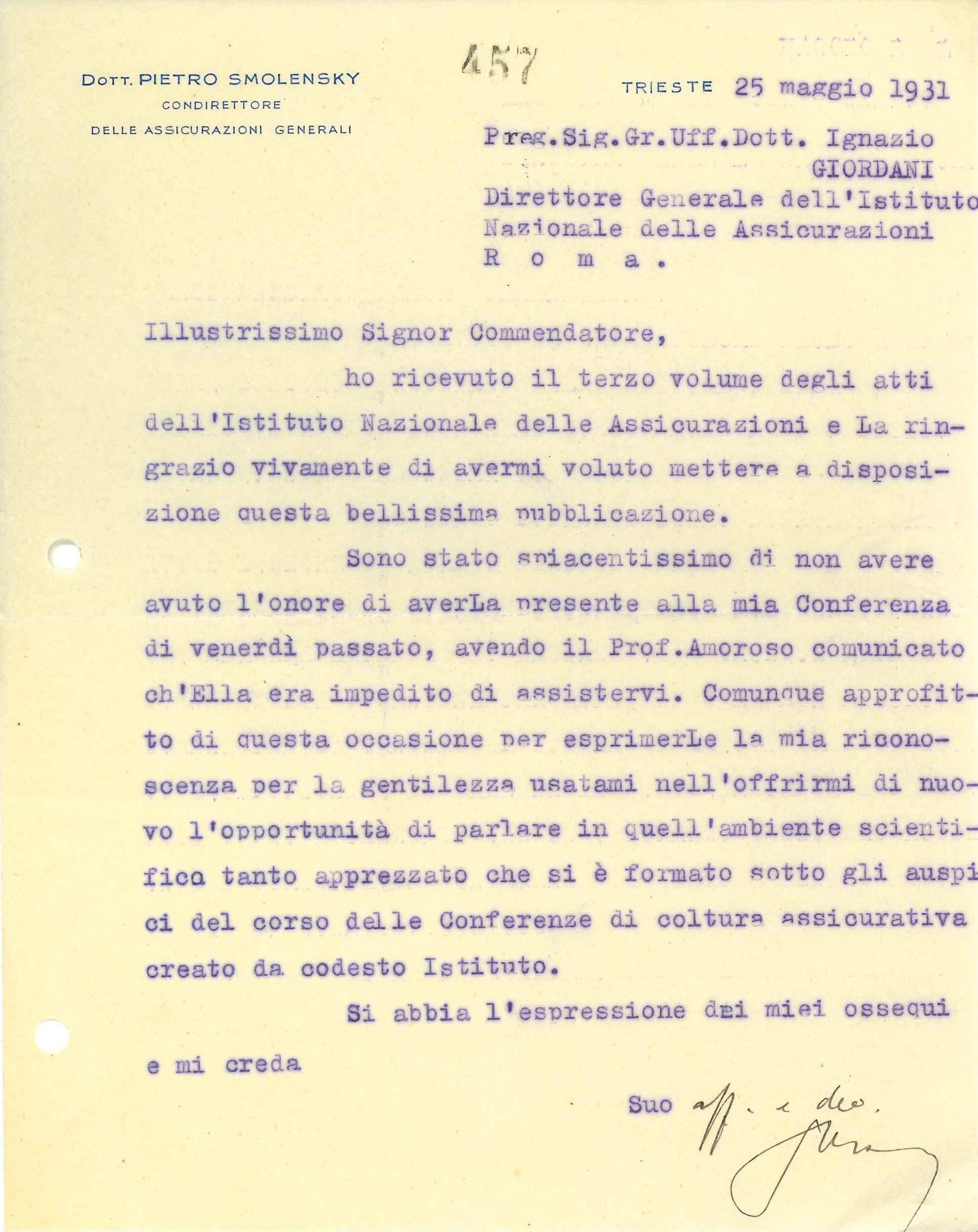 Lettera di Pietro Smolensky ad Ignazio GIordani (1931)
