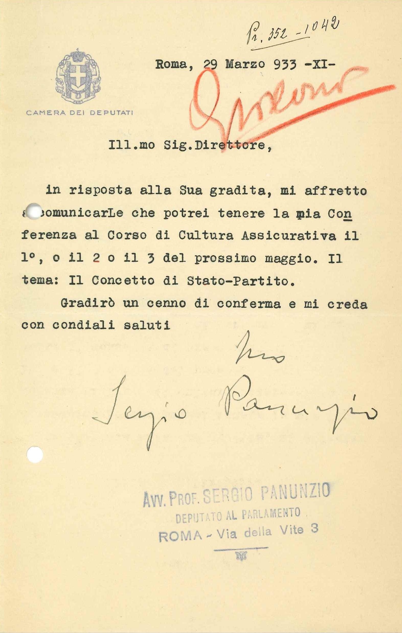 Lettera di Sergio Panunzio ad Ignazio Giordani (1933)