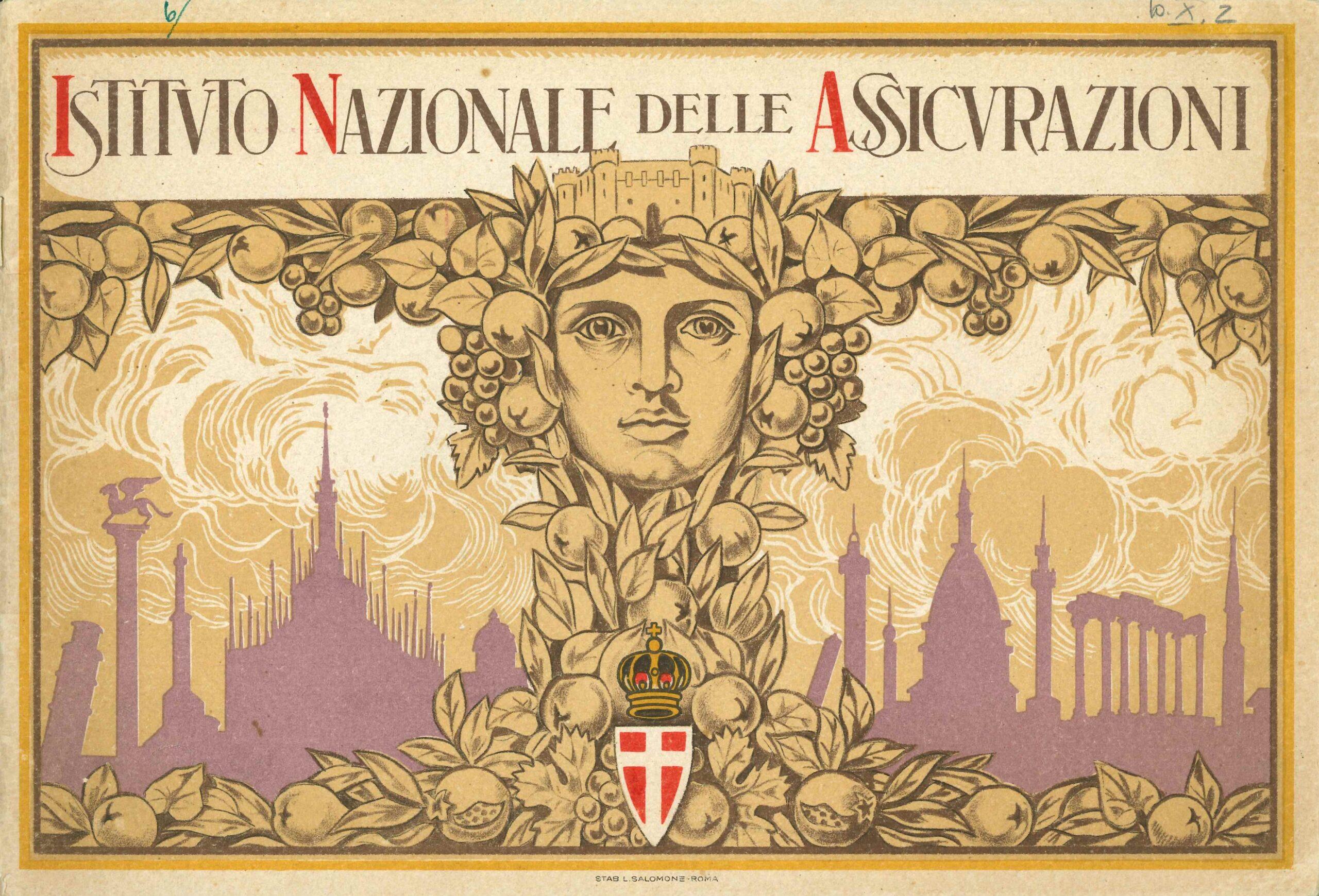 Opuscolo “Posa della prima pietra” della nuova sede della direzione generale dell’INA, copertina anteriore (Roma, 1924)