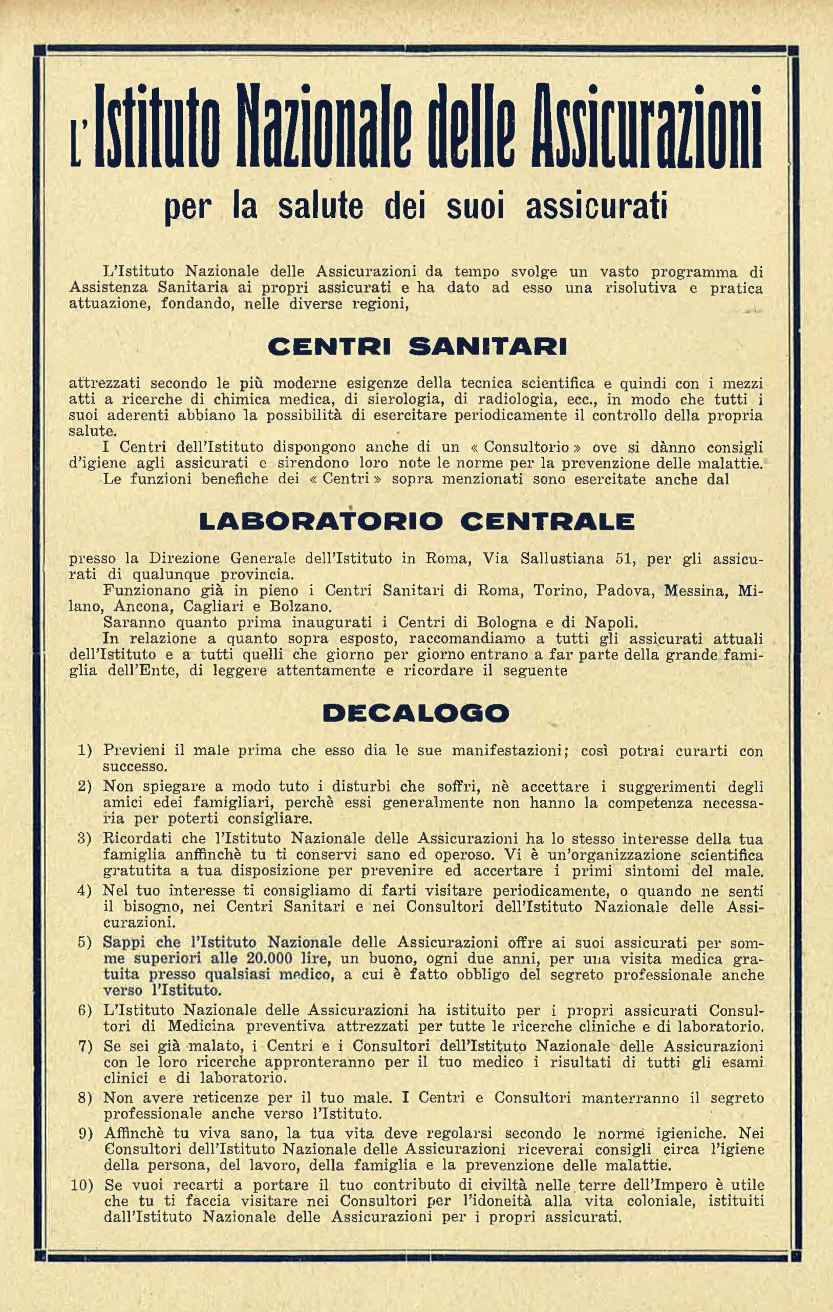 INA, pubblicità e decalogo della prevenzione sanitaria tratti dalla rivista L'Assistenza sanitaria (1937)