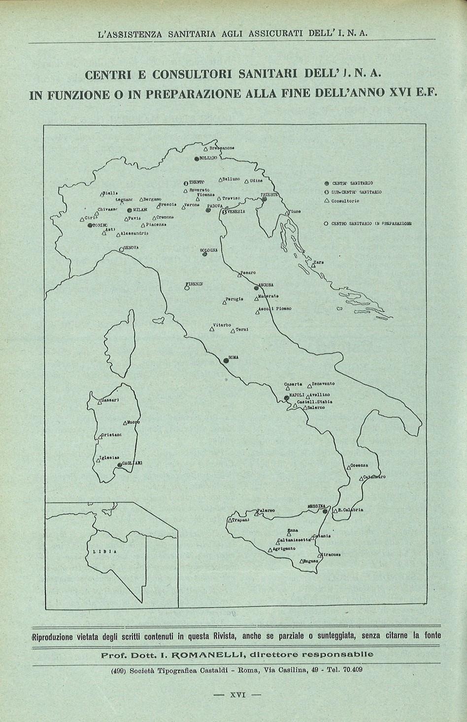 INA, mappa dei centri sanitari INA in italia, tratta dalla rivista L'Assistenza sanitaria (1938)