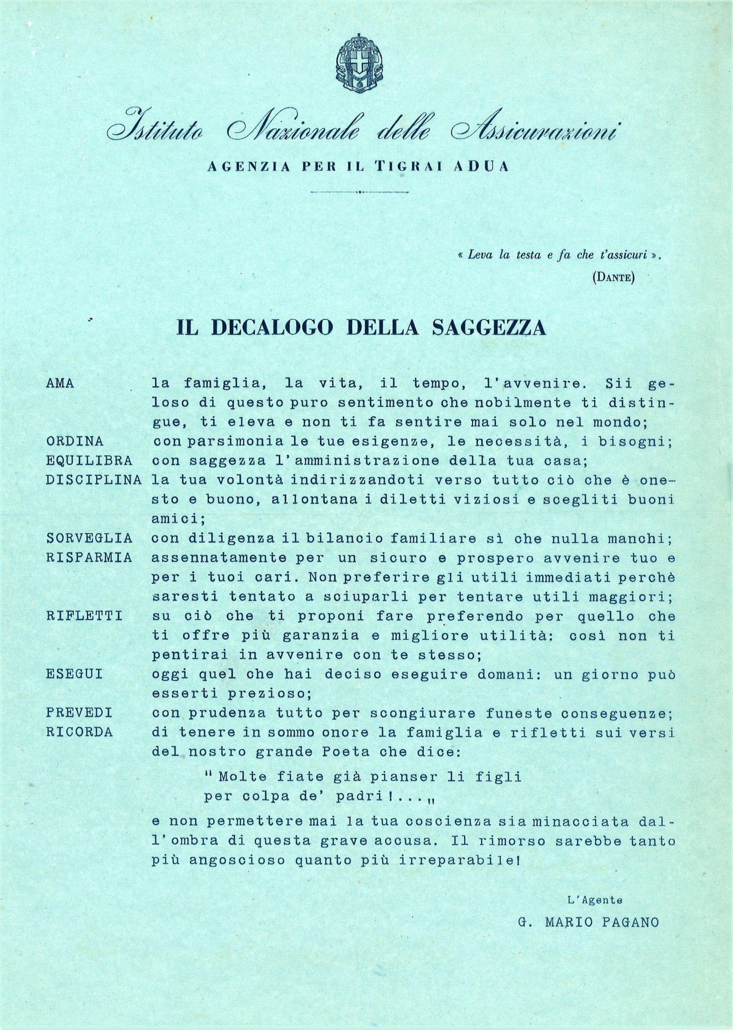 Mario Pagano, agente ad Adua, “Decalogo della saggezza” (1940)