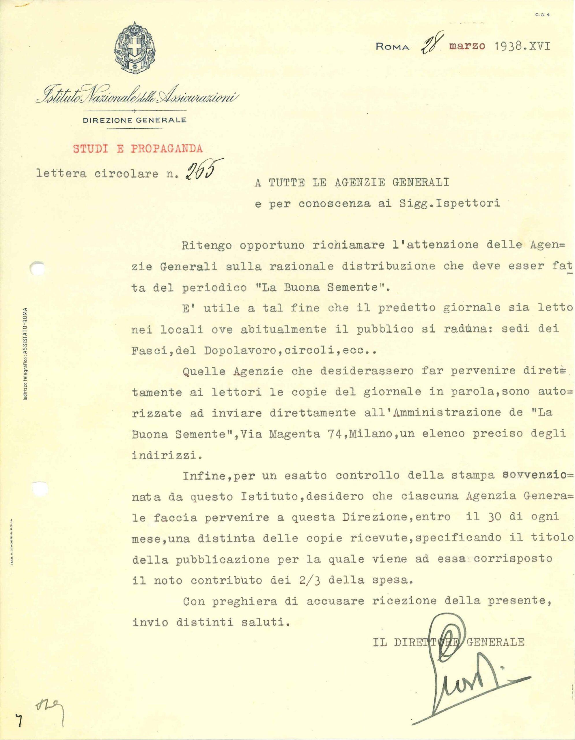 INA, lettera circolare sulla distribuzione de La buona semente (1938)