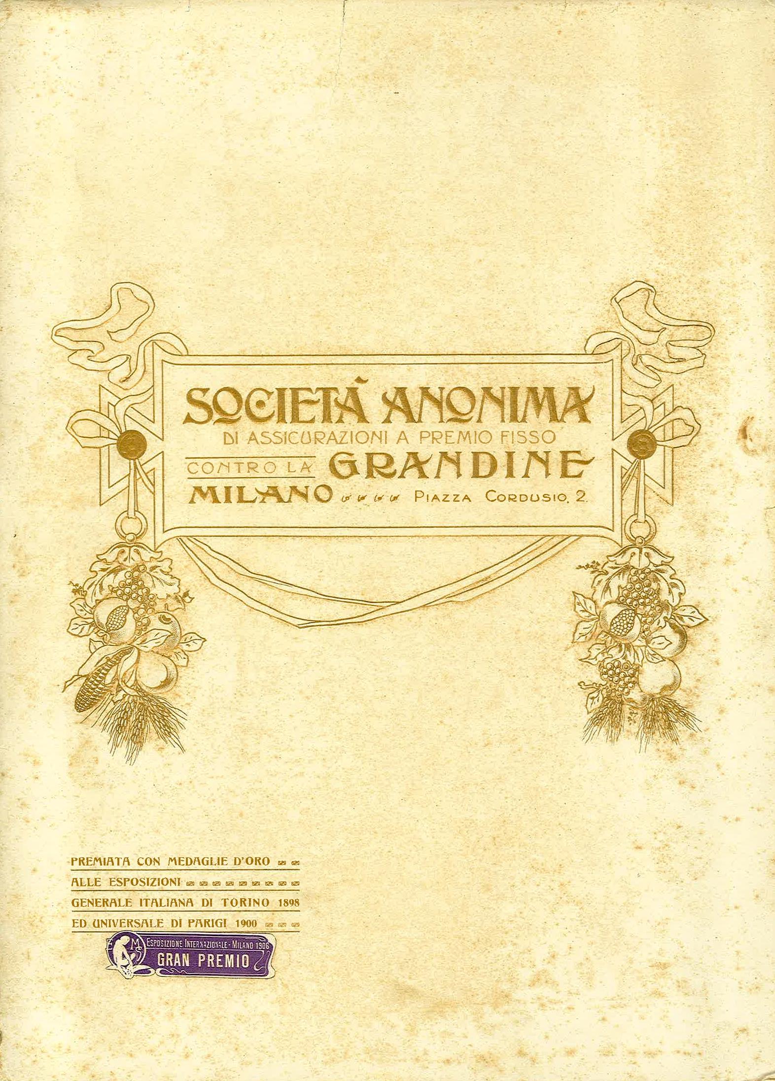 Memoria dell'Anonima Grandine all'Esposizione internazionale, frontespizio (Milano, 1906)