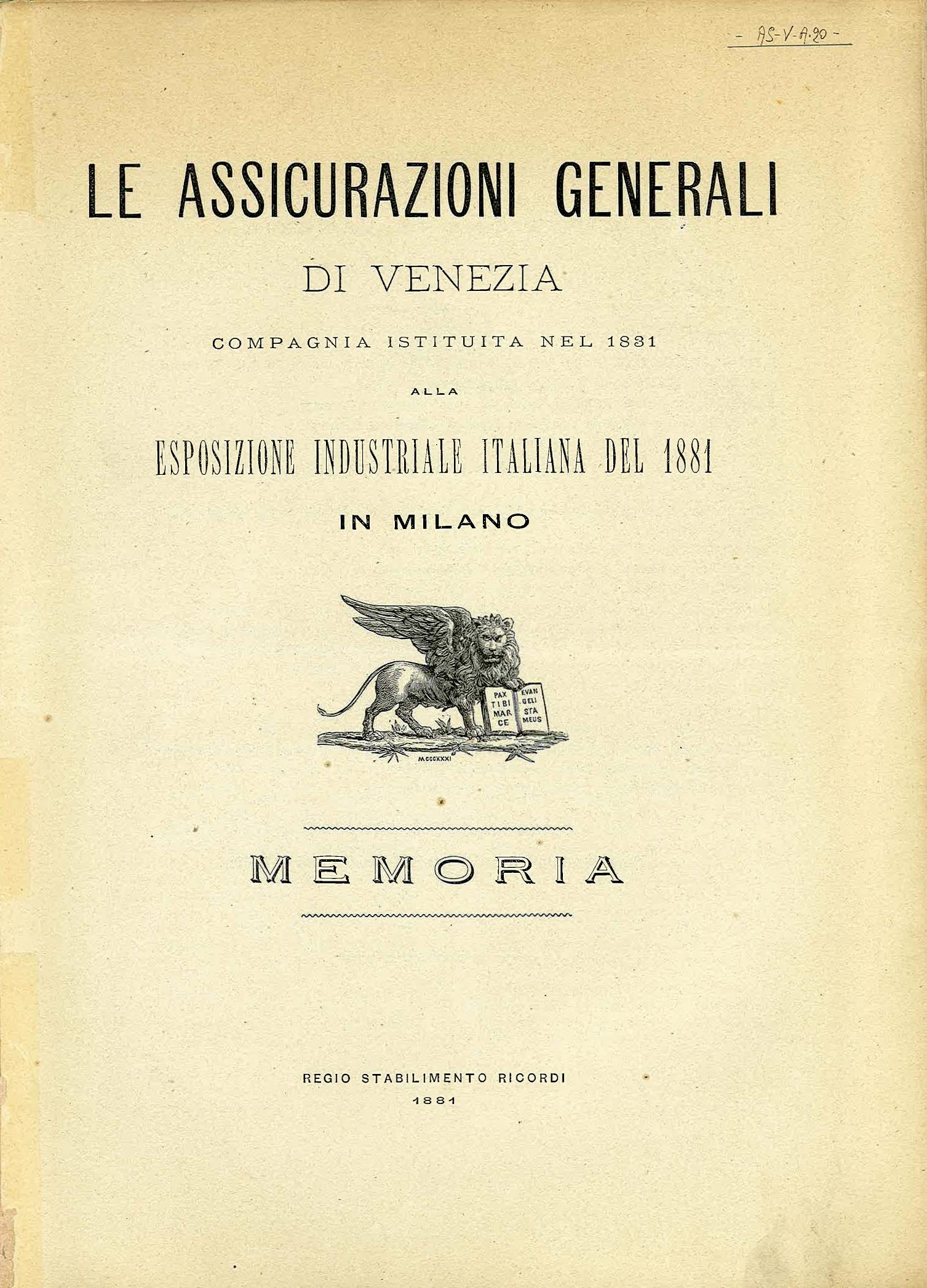 Memoria di Assicurazioni Generali all'Esposizione industriale italiana, frontespizio (Milano, 1881)