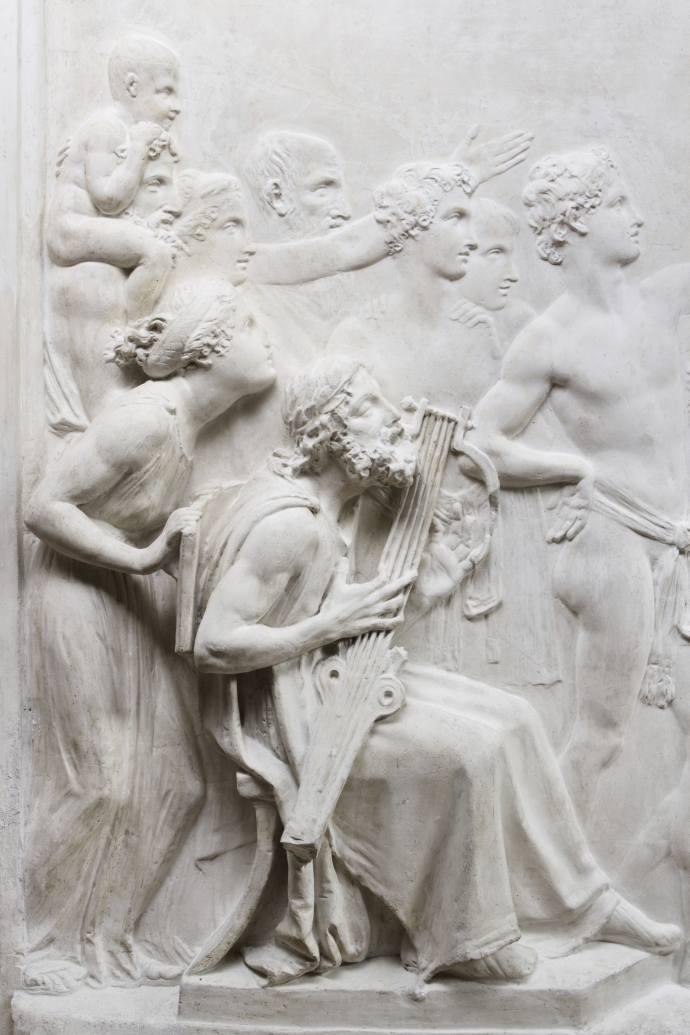 Antonio Canova, La danza dei figli di Alcinoo (1790-1792), dettaglio del citarista cieco Demodoco, gesso, 142 x 280 cm, Trieste, Collezione d’Arte Gruppo Generali
