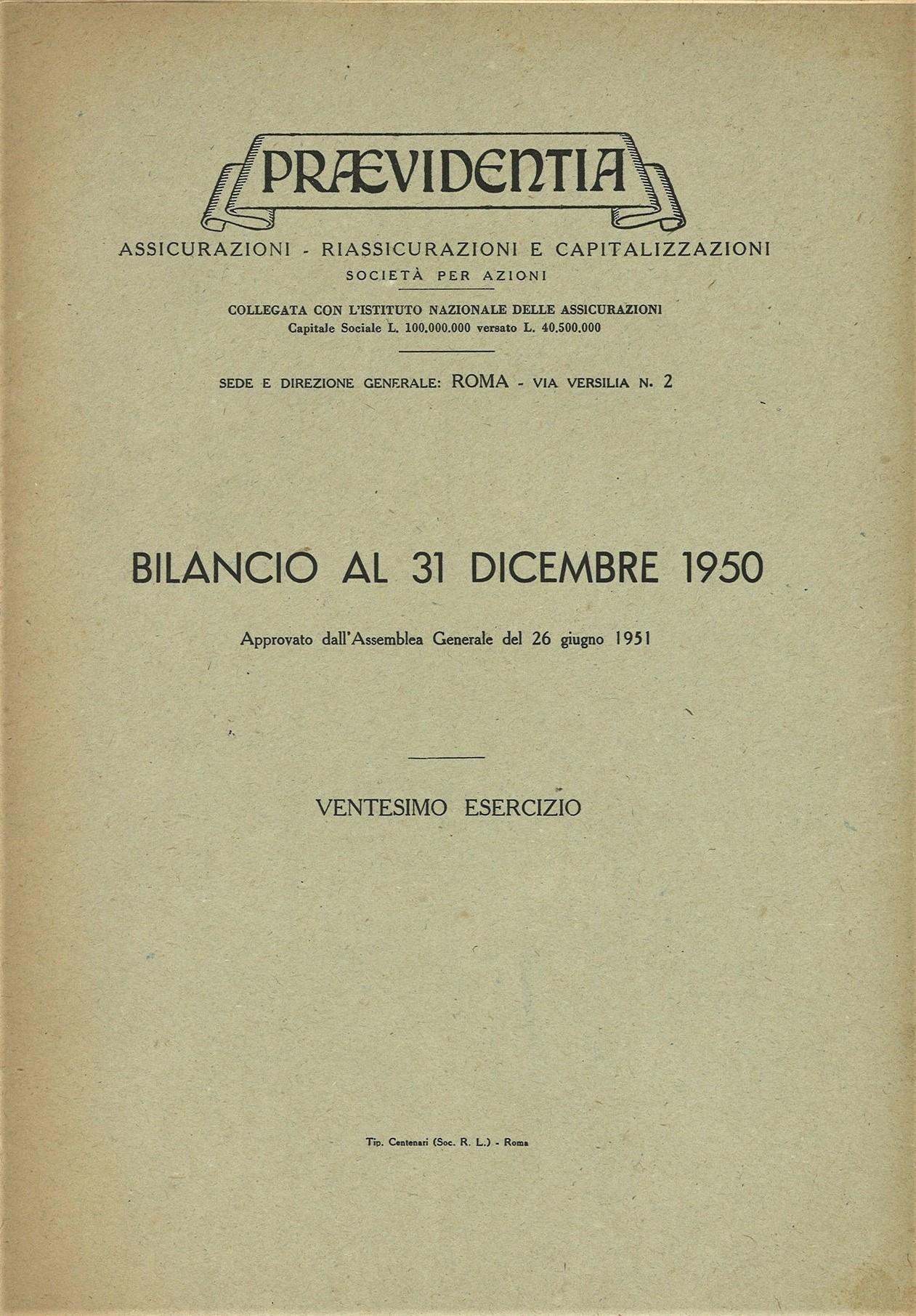 Bilancio Praevidentia al 31 dicembre 1950 (1951)