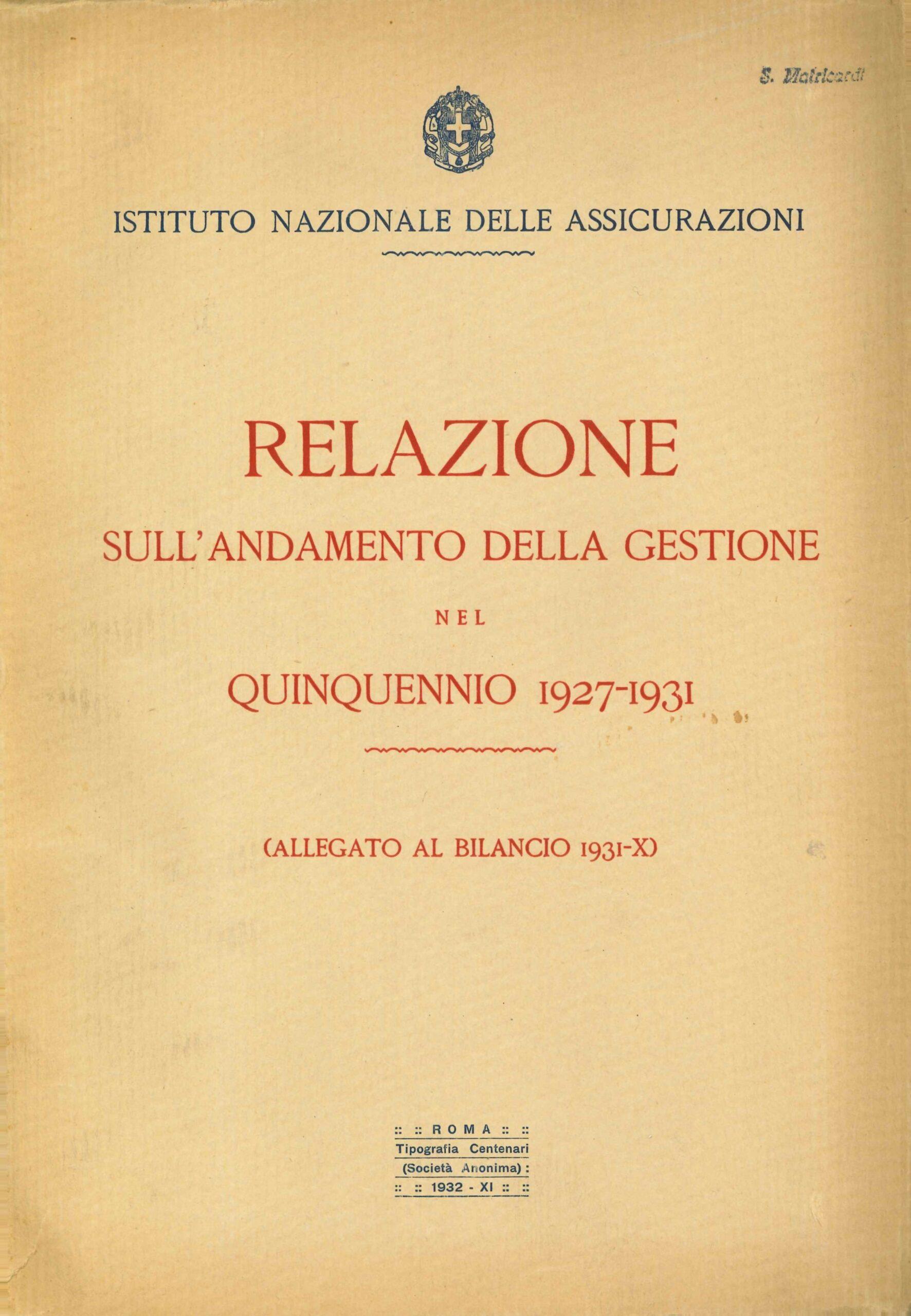 INA, Relazione sull'andamento della gestione nel quinquennio 1927-1931