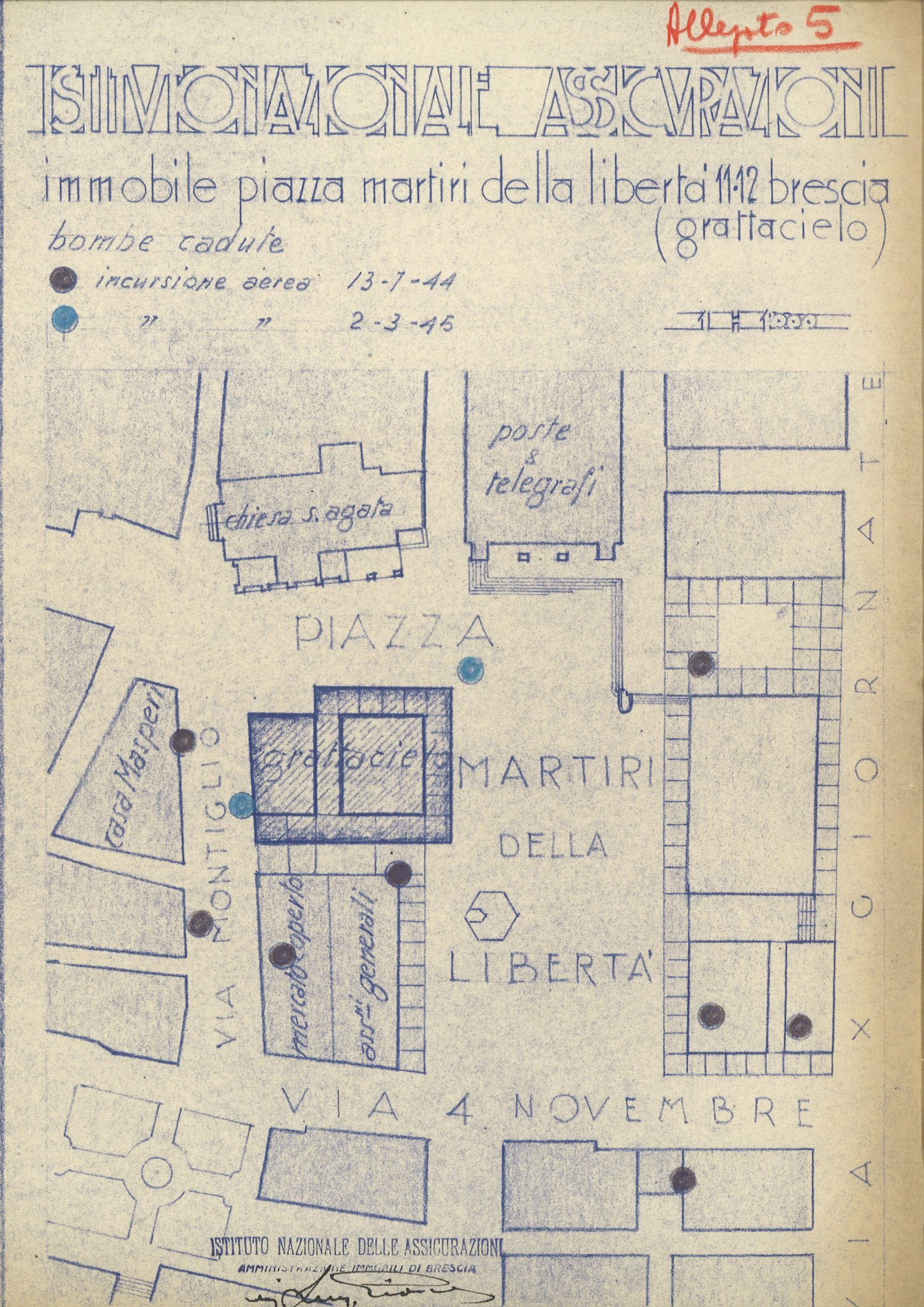 Brescia, planimetry for the Piazza della Vittoria under the temporary name Piazza Martiri della Libertà and indication of the “bombs dropped” (1945)