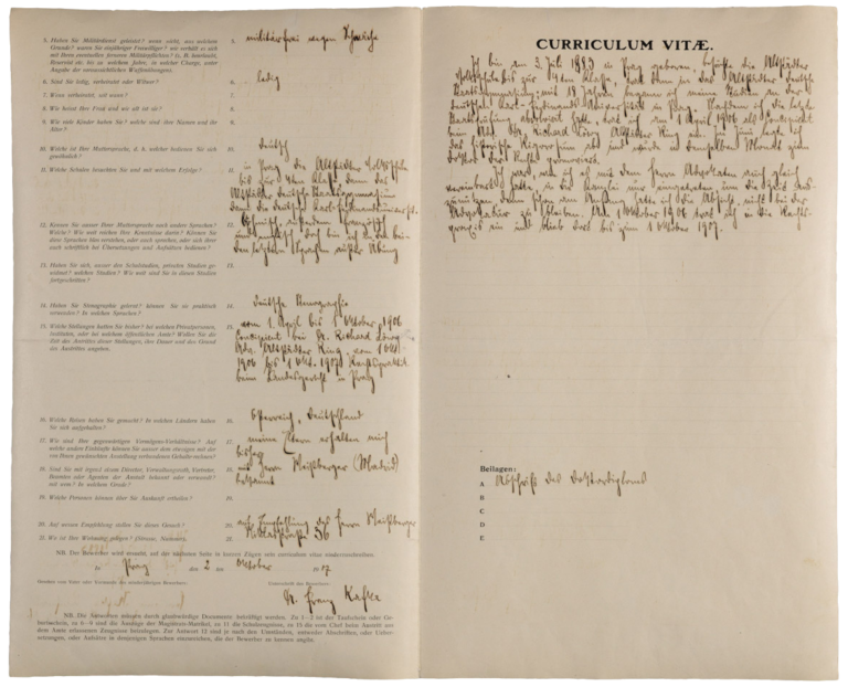Franz Kafka's job application (Prague, 02.10.1907)