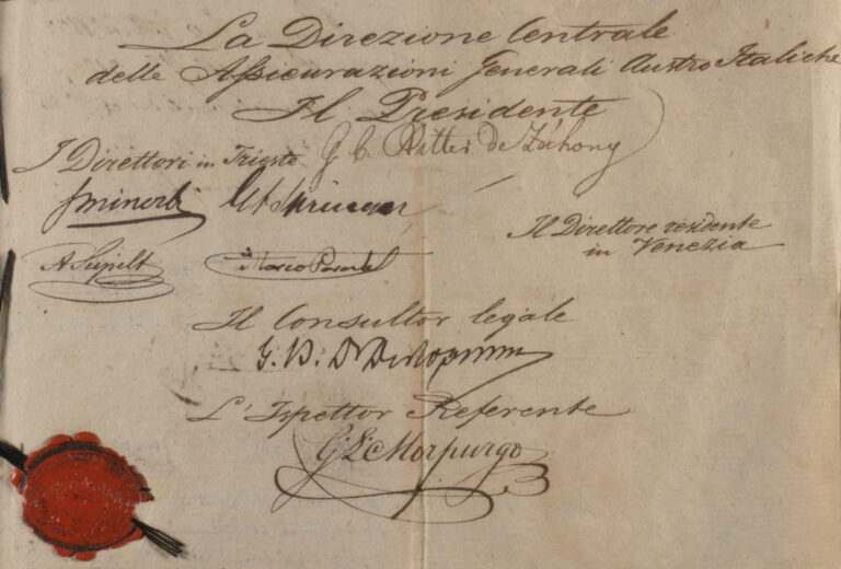 Firma di Giuseppe Lazzaro Morpurgo (1832), particolare del certificato di autenticità del contratto sociale / ph. Duccio Zennaro